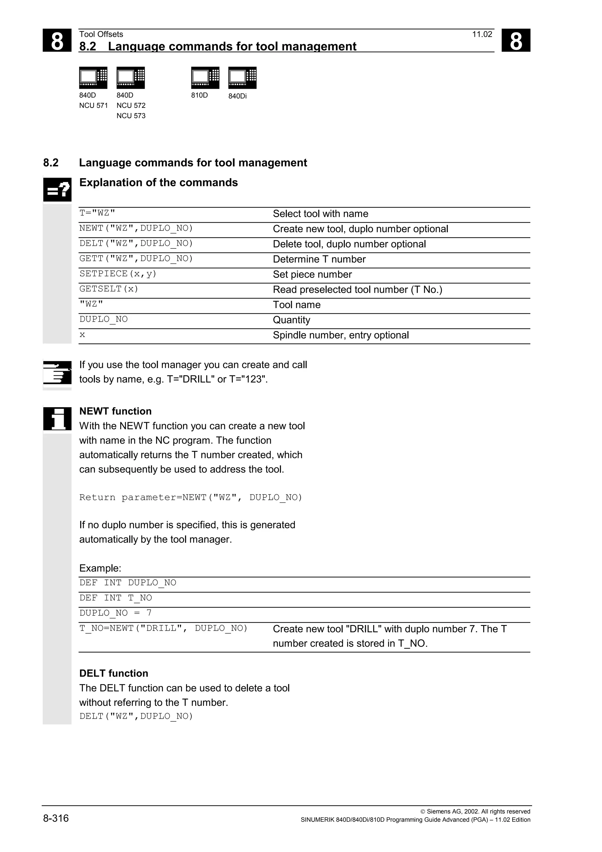 8
Tool Offsets 11.02
8.2 Language commands for tool management 8
840D
NCU 571
840D
NCU 572
NCU 573
810D 840Di
 Siemens AG, 2002. All rights reserved
8-316 SINUMERIK 840D/840Di/810D Programming Guide Advanced (PGA) – 11.02 Edition
8.2 Language commands for tool management
Explanation of the commands
T="WZ" Select tool with name
NEWT("WZ",DUPLO_NO) Create new tool, duplo number optional
DELT("WZ",DUPLO_NO) Delete tool, duplo number optional
GETT("WZ",DUPLO_NO) Determine T number
SETPIECE(x,y) Set piece number
GETSELT(x) Read preselected tool number (T No.)
"WZ" Tool name
DUPLO_NO Quantity
x Spindle number, entry optional
If you use the tool manager you can create and call
tools by name, e.g. T="DRILL" or T="123".
NEWT function
With the NEWT function you can create a new tool
with name in the NC program. The function
automatically returns the T number created, which
can subsequently be used to address the tool.
Return parameter=NEWT("WZ", DUPLO_NO)
If no duplo number is specified, this is generated
automatically by the tool manager.
Example:
DEF INT DUPLO_NO
DEF INT T_NO
DUPLO_NO = 7
T_NO=NEWT("DRILL", DUPLO_NO) Create new tool "DRILL" with duplo number 7. The T
number created is stored in T_NO.
DELT function
The DELT function can be used to delete a tool
without referring to the T number.
DELT("WZ",DUPLO_NO)
 