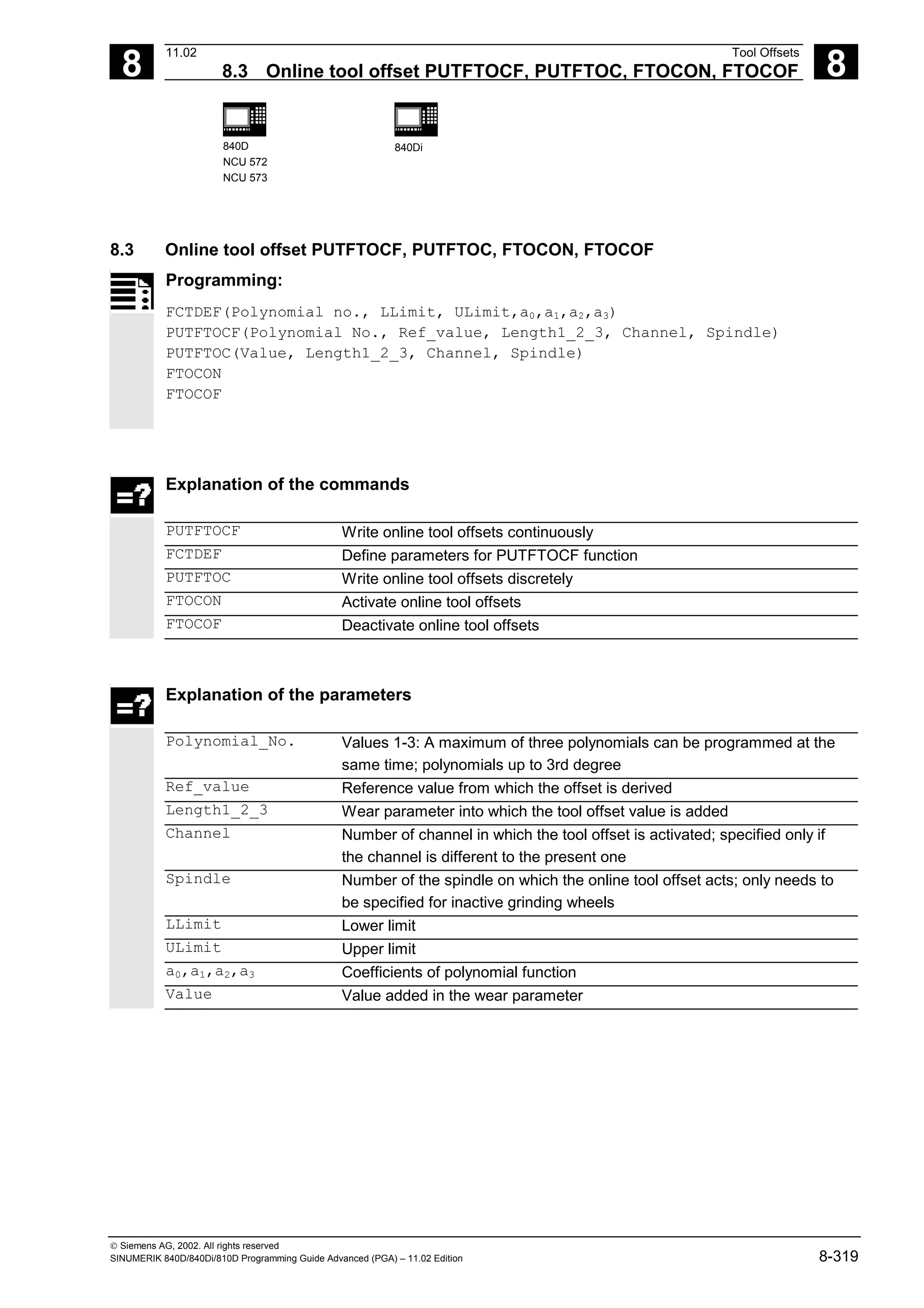 8
11.02 Tool Offsets
8.3 Online tool offset PUTFTOCF, PUTFTOC, FTOCON, FTOCOF 8
840D
NCU 572
NCU 573
840Di
 Siemens AG, 2002. All rights reserved
SINUMERIK 840D/840Di/810D Programming Guide Advanced (PGA) – 11.02 Edition 8-319
8.3 Online tool offset PUTFTOCF, PUTFTOC, FTOCON, FTOCOF
Programming:
FCTDEF(Polynomial no., LLimit, ULimit,a0,a1,a2,a3)
PUTFTOCF(Polynomial No., Ref_value, Length1_2_3, Channel, Spindle)
PUTFTOC(Value, Length1_2_3, Channel, Spindle)
FTOCON
FTOCOF
Explanation of the commands
PUTFTOCF Write online tool offsets continuously
FCTDEF Define parameters for PUTFTOCF function
PUTFTOC Write online tool offsets discretely
FTOCON Activate online tool offsets
FTOCOF Deactivate online tool offsets
Explanation of the parameters
Polynomial_No. Values 1-3: A maximum of three polynomials can be programmed at the
same time; polynomials up to 3rd degree
Ref_value Reference value from which the offset is derived
Length1_2_3 Wear parameter into which the tool offset value is added
Channel Number of channel in which the tool offset is activated; specified only if
the channel is different to the present one
Spindle Number of the spindle on which the online tool offset acts; only needs to
be specified for inactive grinding wheels
LLimit Lower limit
ULimit Upper limit
a0,a1,a2,a3 Coefficients of polynomial function
Value Value added in the wear parameter
 