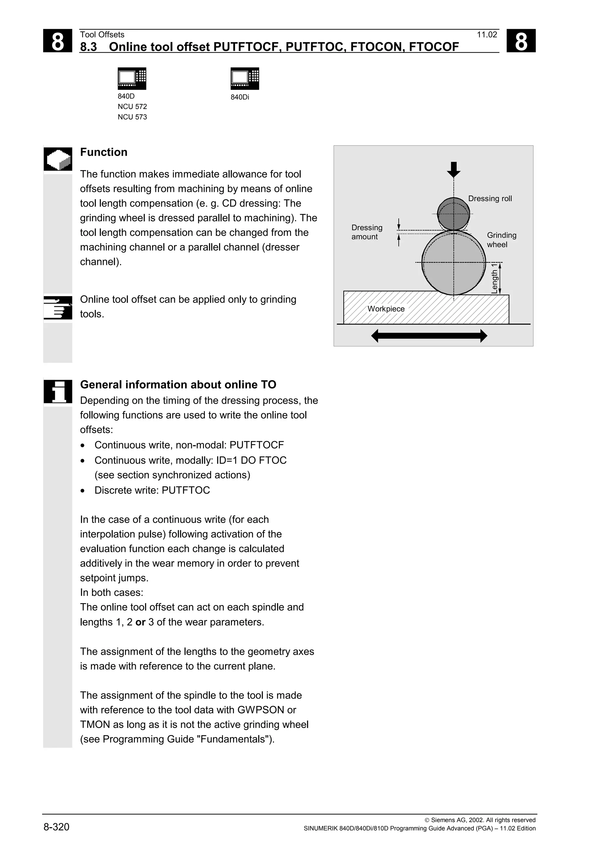 8
Tool Offsets 11.02
8.3 Online tool offset PUTFTOCF, PUTFTOC, FTOCON, FTOCOF 8
840D
NCU 572
NCU 573
840Di
 Siemens AG, 2002. All rights reserved
8-320 SINUMERIK 840D/840Di/810D Programming Guide Advanced (PGA) – 11.02 Edition
Function
The function makes immediate allowance for tool
offsets resulting from machining by means of online
tool length compensation (e. g. CD dressing: The
grinding wheel is dressed parallel to machining). The
tool length compensation can be changed from the
machining channel or a parallel channel (dresser
channel).
Online tool offset can be applied only to grinding
tools.
Dressing roll
Dressing
amount
Workpiece
Grinding
wheel
Length
1
General information about online TO
Depending on the timing of the dressing process, the
following functions are used to write the online tool
offsets:
• Continuous write, non-modal: PUTFTOCF
• Continuous write, modally: ID=1 DO FTOC
(see section synchronized actions)
• Discrete write: PUTFTOC
In the case of a continuous write (for each
interpolation pulse) following activation of the
evaluation function each change is calculated
additively in the wear memory in order to prevent
setpoint jumps.
In both cases:
The online tool offset can act on each spindle and
lengths 1, 2 or 3 of the wear parameters.
The assignment of the lengths to the geometry axes
is made with reference to the current plane.
The assignment of the spindle to the tool is made
with reference to the tool data with GWPSON or
TMON as long as it is not the active grinding wheel
(see Programming Guide "Fundamentals").
 
