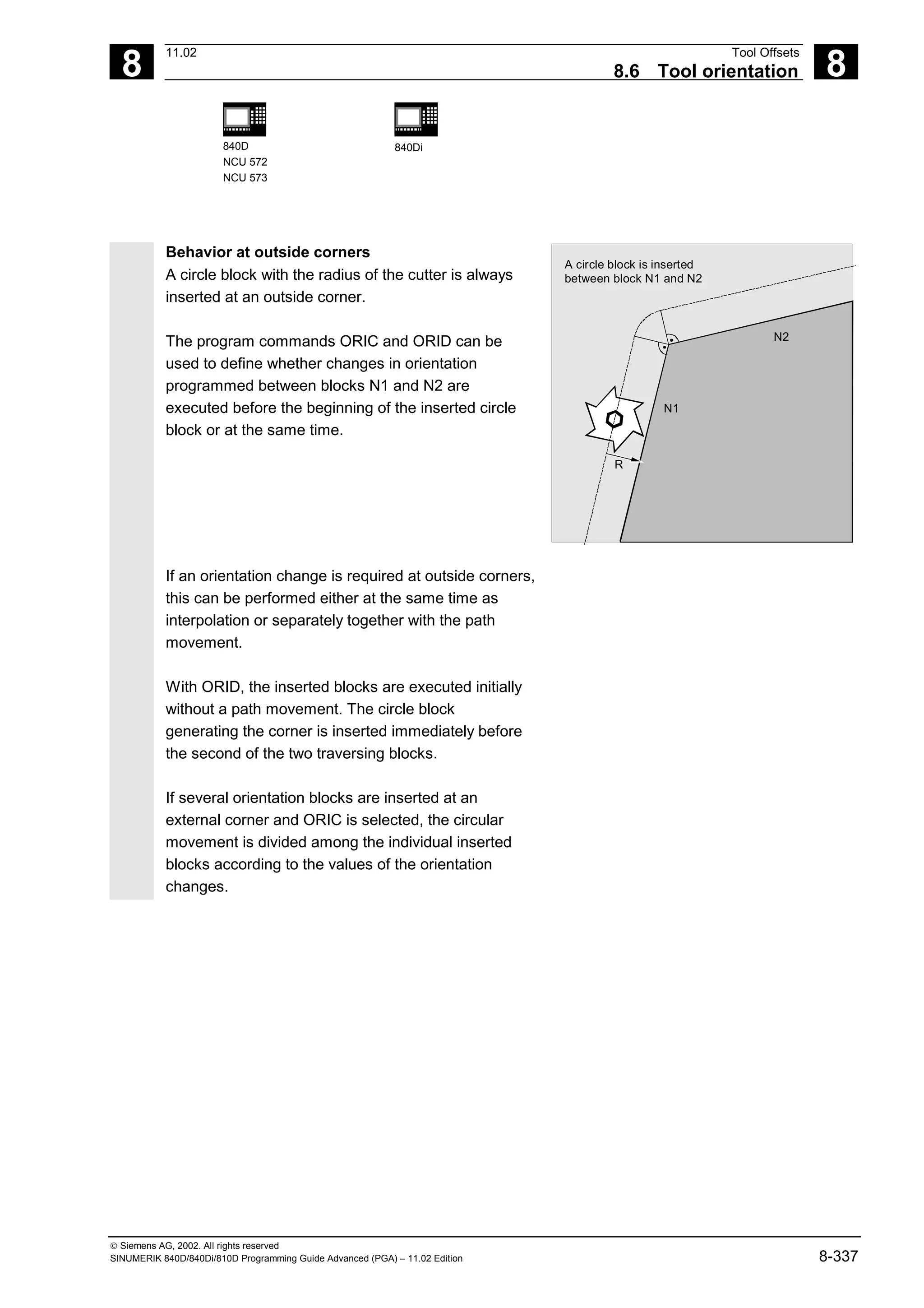 8
11.02 Tool Offsets
8.6 Tool orientation 8
840D
NCU 572
NCU 573
840Di
 Siemens AG, 2002. All rights reserved
SINUMERIK 840D/840Di/810D Programming Guide Advanced (PGA) – 11.02 Edition 8-337
Behavior at outside corners
A circle block with the radius of the cutter is always
inserted at an outside corner.
The program commands ORIC and ORID can be
used to define whether changes in orientation
programmed between blocks N1 and N2 are
executed before the beginning of the inserted circle
block or at the same time.
N1
R
N2
A circle block is inserted
between block N1 and N2
If an orientation change is required at outside corners,
this can be performed either at the same time as
interpolation or separately together with the path
movement.
With ORID, the inserted blocks are executed initially
without a path movement. The circle block
generating the corner is inserted immediately before
the second of the two traversing blocks.
If several orientation blocks are inserted at an
external corner and ORIC is selected, the circular
movement is divided among the individual inserted
blocks according to the values of the orientation
changes.
 