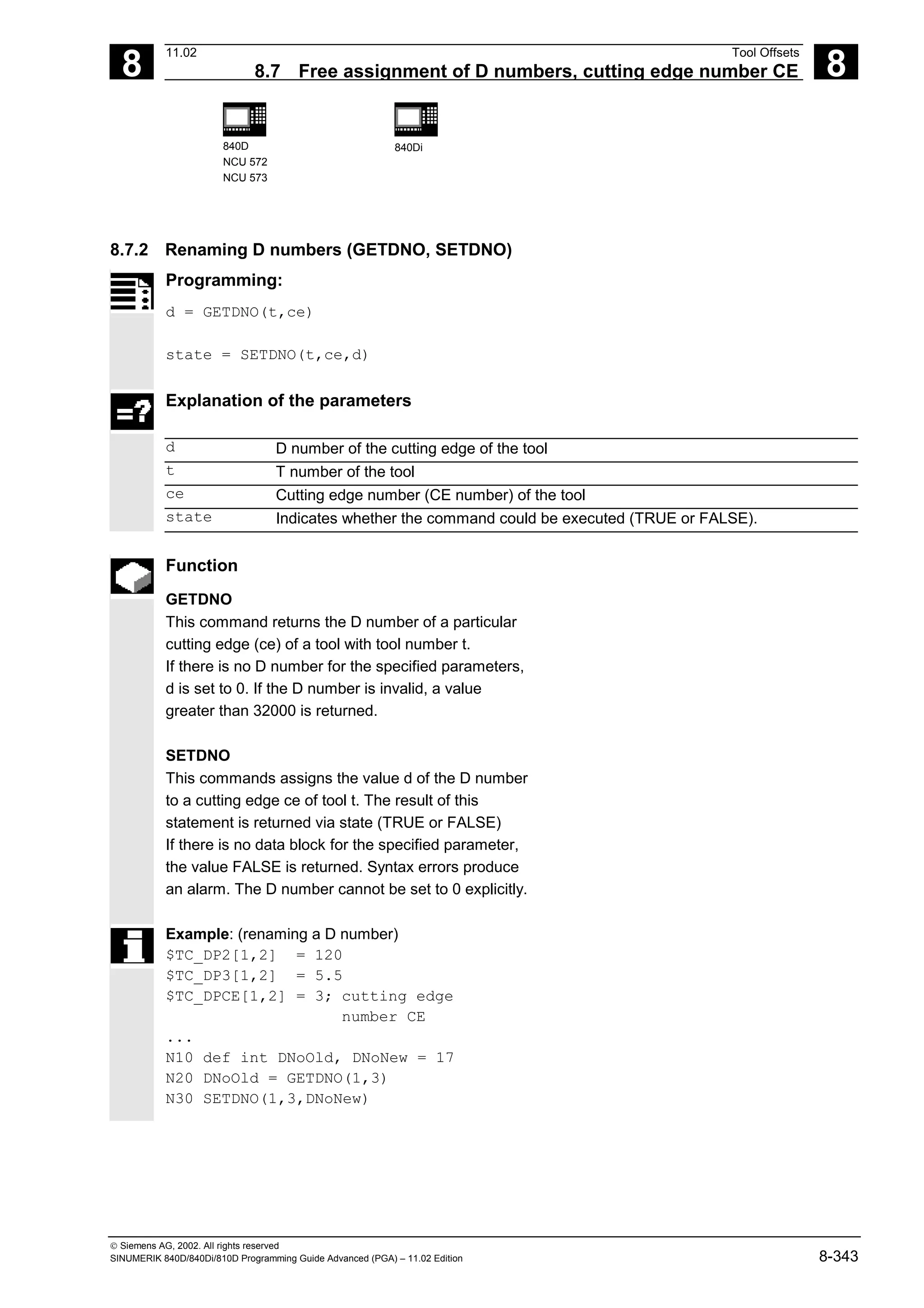 8
11.02 Tool Offsets
8.7 Free assignment of D numbers, cutting edge number CE 8
840D
NCU 572
NCU 573
840Di
 Siemens AG, 2002. All rights reserved
SINUMERIK 840D/840Di/810D Programming Guide Advanced (PGA) – 11.02 Edition 8-343
8.7.2 Renaming D numbers (GETDNO, SETDNO)
Programming:
d = GETDNO(t,ce)
state = SETDNO(t,ce,d)
Explanation of the parameters
d D number of the cutting edge of the tool
t T number of the tool
ce Cutting edge number (CE number) of the tool
state Indicates whether the command could be executed (TRUE or FALSE).
Function
GETDNO
This command returns the D number of a particular
cutting edge (ce) of a tool with tool number t.
If there is no D number for the specified parameters,
d is set to 0. If the D number is invalid, a value
greater than 32000 is returned.
SETDNO
This commands assigns the value d of the D number
to a cutting edge ce of tool t. The result of this
statement is returned via state (TRUE or FALSE)
If there is no data block for the specified parameter,
the value FALSE is returned. Syntax errors produce
an alarm. The D number cannot be set to 0 explicitly.
Example: (renaming a D number)
$TC_DP2[1,2] = 120
$TC_DP3[1,2] = 5.5
$TC_DPCE[1,2] = 3; cutting edge
number CE
...
N10 def int DNoOld, DNoNew = 17
N20 DNoOld = GETDNO(1,3)
N30 SETDNO(1,3,DNoNew)
 