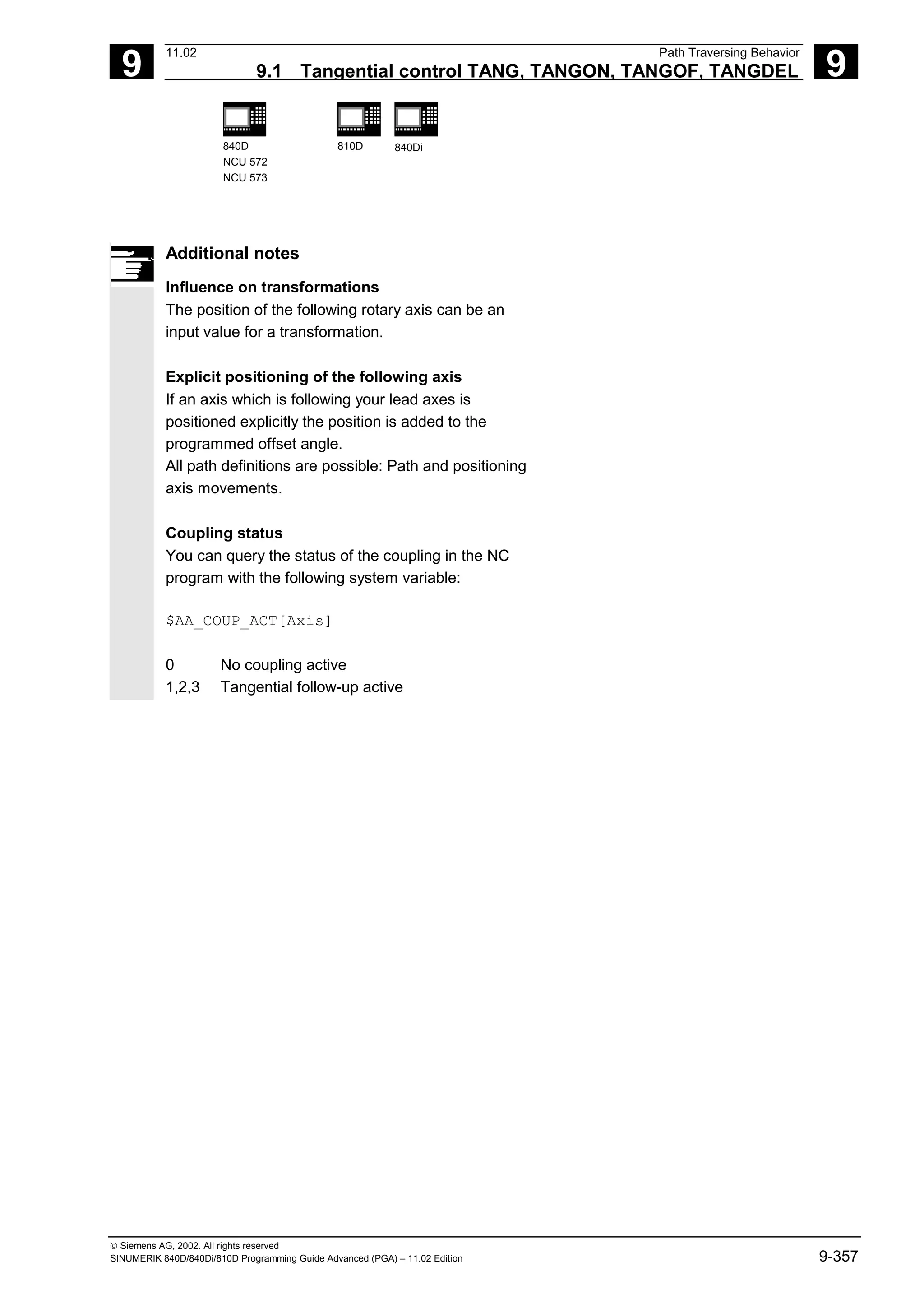9
11.02 Path Traversing Behavior
9.1 Tangential control TANG, TANGON, TANGOF, TANGDEL 9
840D
NCU 572
NCU 573
810D 840Di
 Siemens AG, 2002. All rights reserved
SINUMERIK 840D/840Di/810D Programming Guide Advanced (PGA) – 11.02 Edition 9-357
Additional notes
Influence on transformations
The position of the following rotary axis can be an
input value for a transformation.
Explicit positioning of the following axis
If an axis which is following your lead axes is
positioned explicitly the position is added to the
programmed offset angle.
All path definitions are possible: Path and positioning
axis movements.
Coupling status
You can query the status of the coupling in the NC
program with the following system variable:
$AA_COUP_ACT[Axis]
0 No coupling active
1,2,3 Tangential follow-up active
 