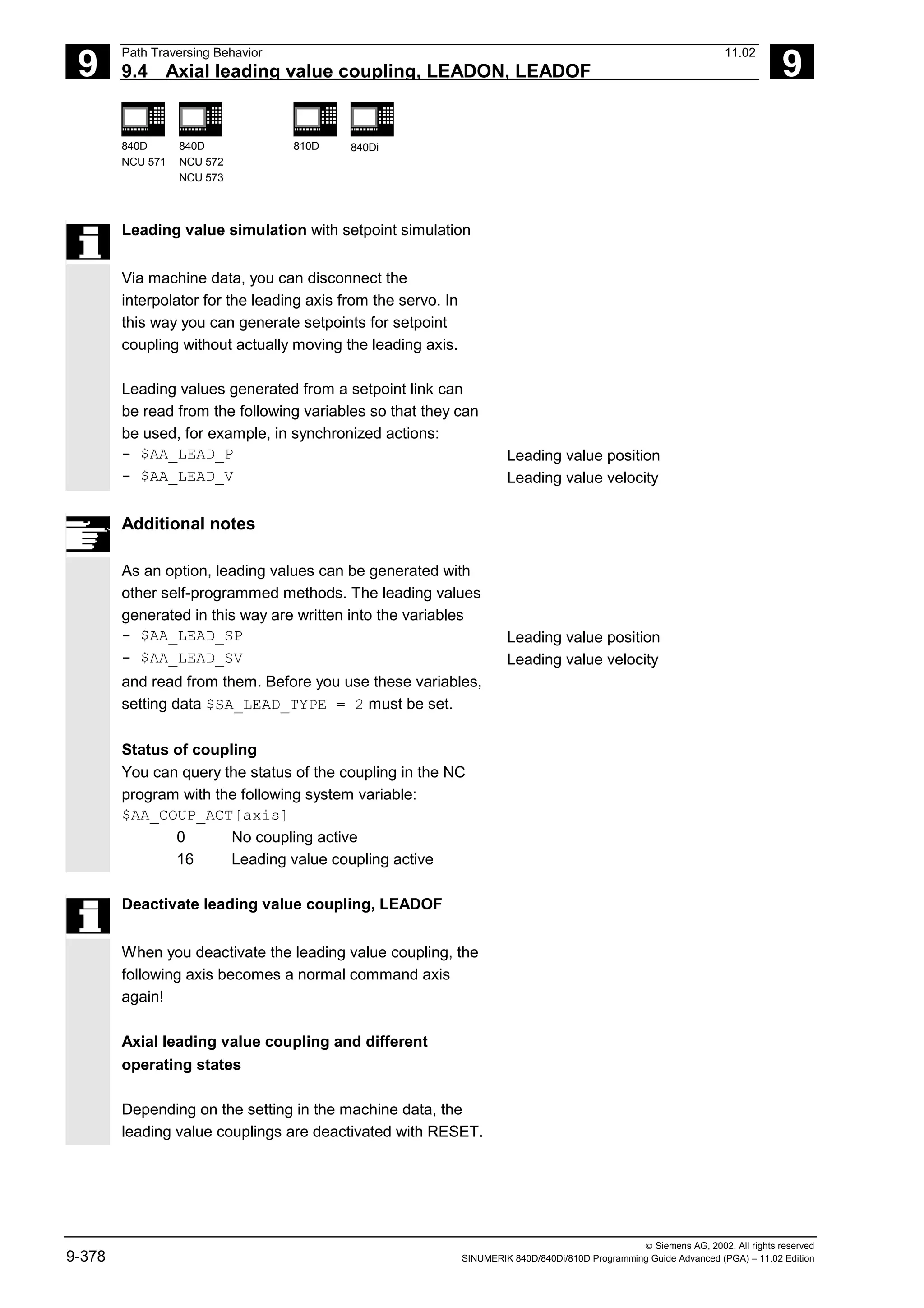 9
Path Traversing Behavior 11.02
9.4 Axial leading value coupling, LEADON, LEADOF 9
840D
NCU 571
840D
NCU 572
NCU 573
810D 840Di
 Siemens AG, 2002. All rights reserved
9-378 SINUMERIK 840D/840Di/810D Programming Guide Advanced (PGA) – 11.02 Edition
Leading value simulation with setpoint simulation
Via machine data, you can disconnect the
interpolator for the leading axis from the servo. In
this way you can generate setpoints for setpoint
coupling without actually moving the leading axis.
Leading values generated from a setpoint link can
be read from the following variables so that they can
be used, for example, in synchronized actions:
- $AA_LEAD_P Leading value position
- $AA_LEAD_V Leading value velocity
Additional notes
As an option, leading values can be generated with
other self-programmed methods. The leading values
generated in this way are written into the variables
- $AA_LEAD_SP Leading value position
- $AA_LEAD_SV Leading value velocity
and read from them. Before you use these variables,
setting data $SA_LEAD_TYPE = 2 must be set.
Status of coupling
You can query the status of the coupling in the NC
program with the following system variable:
$AA_COUP_ACT[axis]
0 No coupling active
16 Leading value coupling active
Deactivate leading value coupling, LEADOF
When you deactivate the leading value coupling, the
following axis becomes a normal command axis
again!
Axial leading value coupling and different
operating states
Depending on the setting in the machine data, the
leading value couplings are deactivated with RESET.
 