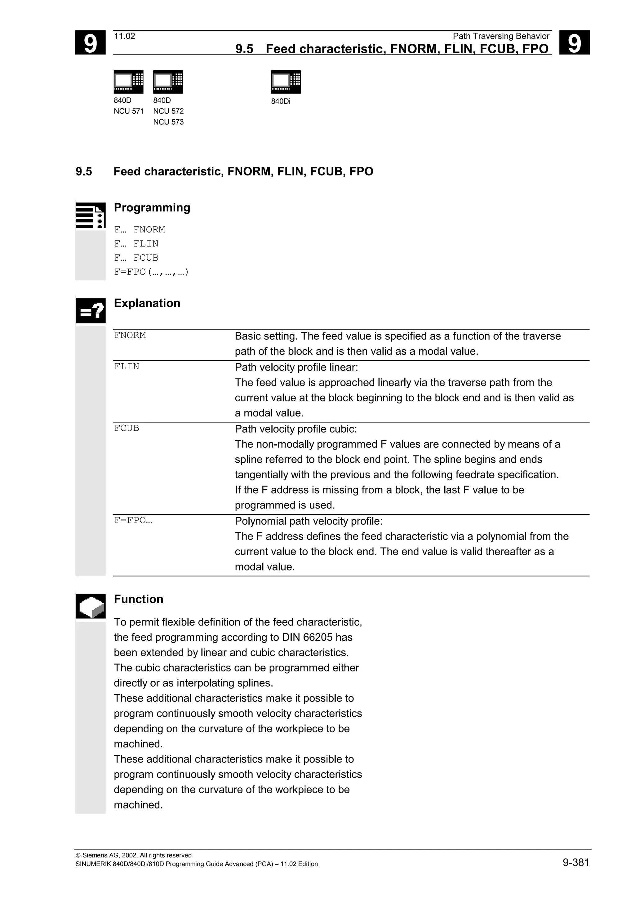 9
11.02 Path Traversing Behavior
9.5 Feed characteristic, FNORM, FLIN, FCUB, FPO 9
840D
NCU 571
840D
NCU 572
NCU 573
840Di
 Siemens AG, 2002. All rights reserved
SINUMERIK 840D/840Di/810D Programming Guide Advanced (PGA) – 11.02 Edition 9-381
9.5 Feed characteristic, FNORM, FLIN, FCUB, FPO
Programming
F… FNORM
F… FLIN
F… FCUB
F=FPO(…,…,…)
Explanation
FNORM Basic setting. The feed value is specified as a function of the traverse
path of the block and is then valid as a modal value.
FLIN Path velocity profile linear:
The feed value is approached linearly via the traverse path from the
current value at the block beginning to the block end and is then valid as
a modal value.
FCUB Path velocity profile cubic:
The non-modally programmed F values are connected by means of a
spline referred to the block end point. The spline begins and ends
tangentially with the previous and the following feedrate specification.
If the F address is missing from a block, the last F value to be
programmed is used.
F=FPO… Polynomial path velocity profile:
The F address defines the feed characteristic via a polynomial from the
current value to the block end. The end value is valid thereafter as a
modal value.
Function
To permit flexible definition of the feed characteristic,
the feed programming according to DIN 66205 has
been extended by linear and cubic characteristics.
The cubic characteristics can be programmed either
directly or as interpolating splines.
These additional characteristics make it possible to
program continuously smooth velocity characteristics
depending on the curvature of the workpiece to be
machined.
These additional characteristics make it possible to
program continuously smooth velocity characteristics
depending on the curvature of the workpiece to be
machined.
 