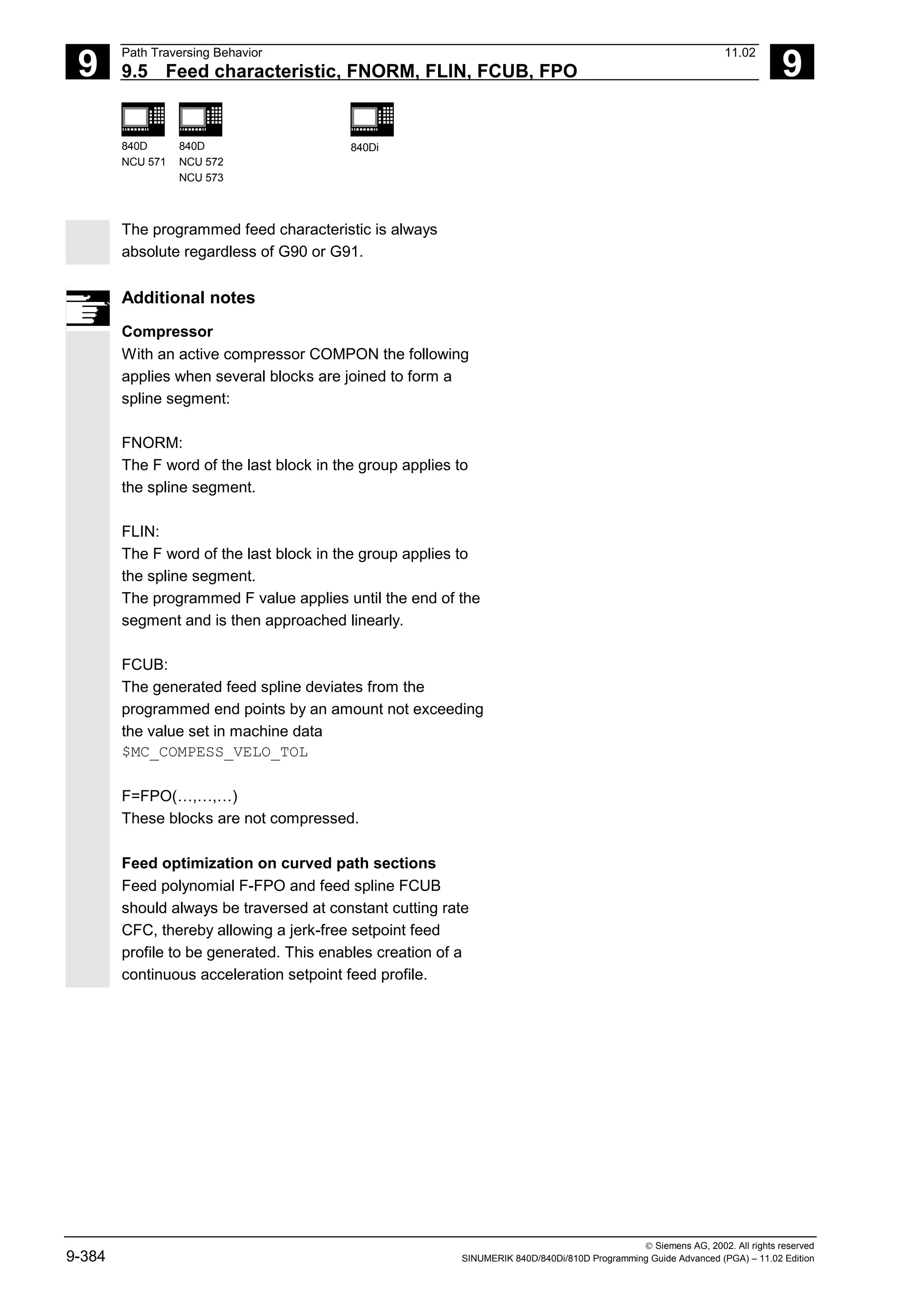 9
Path Traversing Behavior 11.02
9.5 Feed characteristic, FNORM, FLIN, FCUB, FPO 9
840D
NCU 571
840D
NCU 572
NCU 573
840Di
 Siemens AG, 2002. All rights reserved
9-384 SINUMERIK 840D/840Di/810D Programming Guide Advanced (PGA) – 11.02 Edition
The programmed feed characteristic is always
absolute regardless of G90 or G91.
Additional notes
Compressor
With an active compressor COMPON the following
applies when several blocks are joined to form a
spline segment:
FNORM:
The F word of the last block in the group applies to
the spline segment.
FLIN:
The F word of the last block in the group applies to
the spline segment.
The programmed F value applies until the end of the
segment and is then approached linearly.
FCUB:
The generated feed spline deviates from the
programmed end points by an amount not exceeding
the value set in machine data
$MC_COMPESS_VELO_TOL
F=FPO(…,…,…)
These blocks are not compressed.
Feed optimization on curved path sections
Feed polynomial F-FPO and feed spline FCUB
should always be traversed at constant cutting rate
CFC, thereby allowing a jerk-free setpoint feed
profile to be generated. This enables creation of a
continuous acceleration setpoint feed profile.
 