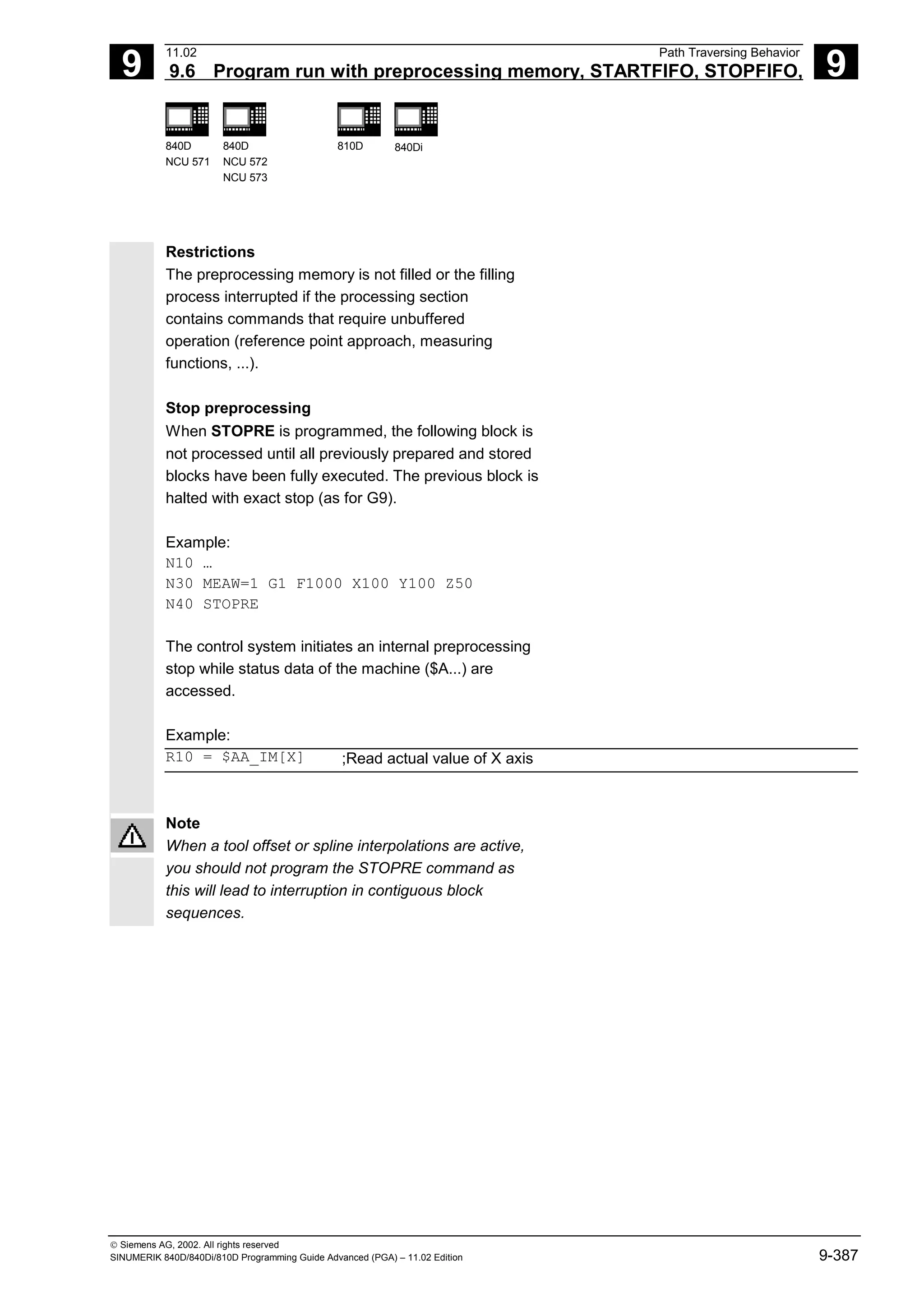 9
11.02 Path Traversing Behavior
9.6 Program run with preprocessing memory, STARTFIFO, STOPFIFO, 9
840D
NCU 571
840D
NCU 572
NCU 573
810D 840Di
 Siemens AG, 2002. All rights reserved
SINUMERIK 840D/840Di/810D Programming Guide Advanced (PGA) – 11.02 Edition 9-387
Restrictions
The preprocessing memory is not filled or the filling
process interrupted if the processing section
contains commands that require unbuffered
operation (reference point approach, measuring
functions, ...).
Stop preprocessing
When STOPRE is programmed, the following block is
not processed until all previously prepared and stored
blocks have been fully executed. The previous block is
halted with exact stop (as for G9).
Example:
N10 …
N30 MEAW=1 G1 F1000 X100 Y100 Z50
N40 STOPRE
The control system initiates an internal preprocessing
stop while status data of the machine ($A...) are
accessed.
Example:
R10 = $AA_IM[X] ;Read actual value of X axis
Note
When a tool offset or spline interpolations are active,
you should not program the STOPRE command as
this will lead to interruption in contiguous block
sequences.
 