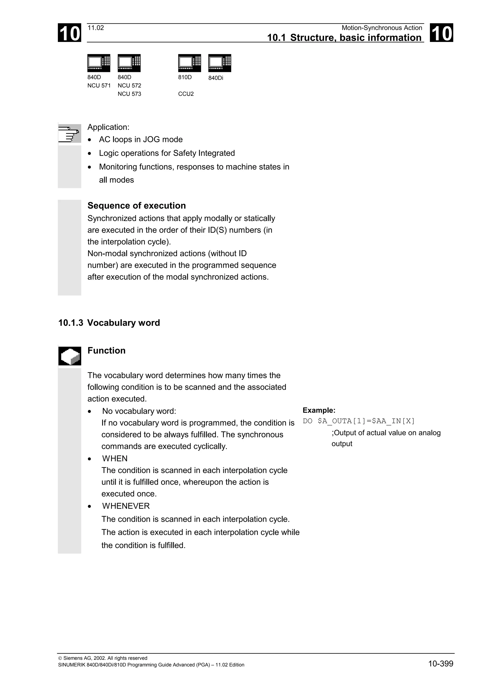 10
11.02 Motion-Synchronous Action
10.1 Structure, basic information 10
840D
NCU 571
840D
NCU 572
NCU 573
810D
CCU2
840Di
 Siemens AG, 2002. All rights reserved
SINUMERIK 840D/840Di/810D Programming Guide Advanced (PGA) – 11.02 Edition 10-399
Application:
• AC loops in JOG mode
• Logic operations for Safety Integrated
• Monitoring functions, responses to machine states in
all modes
Sequence of execution
Synchronized actions that apply modally or statically
are executed in the order of their ID(S) numbers (in
the interpolation cycle).
Non-modal synchronized actions (without ID
number) are executed in the programmed sequence
after execution of the modal synchronized actions.
10.1.3 Vocabulary word
Function
The vocabulary word determines how many times the
following condition is to be scanned and the associated
action executed.
• No vocabulary word:
If no vocabulary word is programmed, the condition is
considered to be always fulfilled. The synchronous
commands are executed cyclically.
Example:
DO $A_OUTA[1]=$AA_IN[X]
;Output of actual value on analog
output
• WHEN
The condition is scanned in each interpolation cycle
until it is fulfilled once, whereupon the action is
executed once.
• WHENEVER
The condition is scanned in each interpolation cycle.
The action is executed in each interpolation cycle while
the condition is fulfilled.
 
