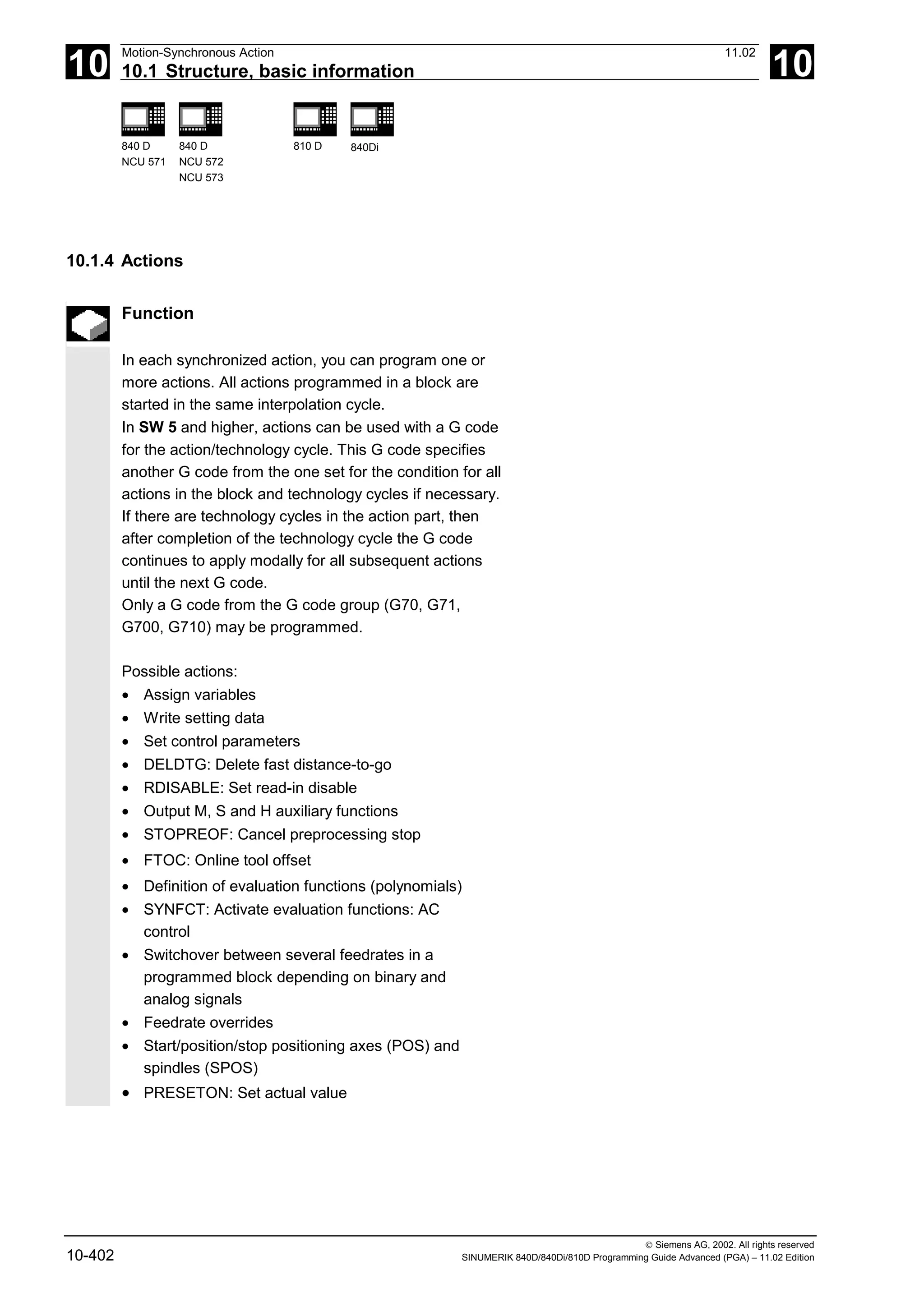 10
Motion-Synchronous Action 11.02
10.1 Structure, basic information 10
840 D
NCU 571
840 D
NCU 572
NCU 573
810 D 840Di
 Siemens AG, 2002. All rights reserved
10-402 SINUMERIK 840D/840Di/810D Programming Guide Advanced (PGA) – 11.02 Edition
10.1.4 Actions
Function
In each synchronized action, you can program one or
more actions. All actions programmed in a block are
started in the same interpolation cycle.
In SW 5 and higher, actions can be used with a G code
for the action/technology cycle. This G code specifies
another G code from the one set for the condition for all
actions in the block and technology cycles if necessary.
If there are technology cycles in the action part, then
after completion of the technology cycle the G code
continues to apply modally for all subsequent actions
until the next G code.
Only a G code from the G code group (G70, G71,
G700, G710) may be programmed.
Possible actions:
• Assign variables
• Write setting data
• Set control parameters
• DELDTG: Delete fast distance-to-go
• RDISABLE: Set read-in disable
• Output M, S and H auxiliary functions
• STOPREOF: Cancel preprocessing stop
• FTOC: Online tool offset
• Definition of evaluation functions (polynomials)
• SYNFCT: Activate evaluation functions: AC
control
• Switchover between several feedrates in a
programmed block depending on binary and
analog signals
• Feedrate overrides
• Start/position/stop positioning axes (POS) and
spindles (SPOS)
• PRESETON: Set actual value
 