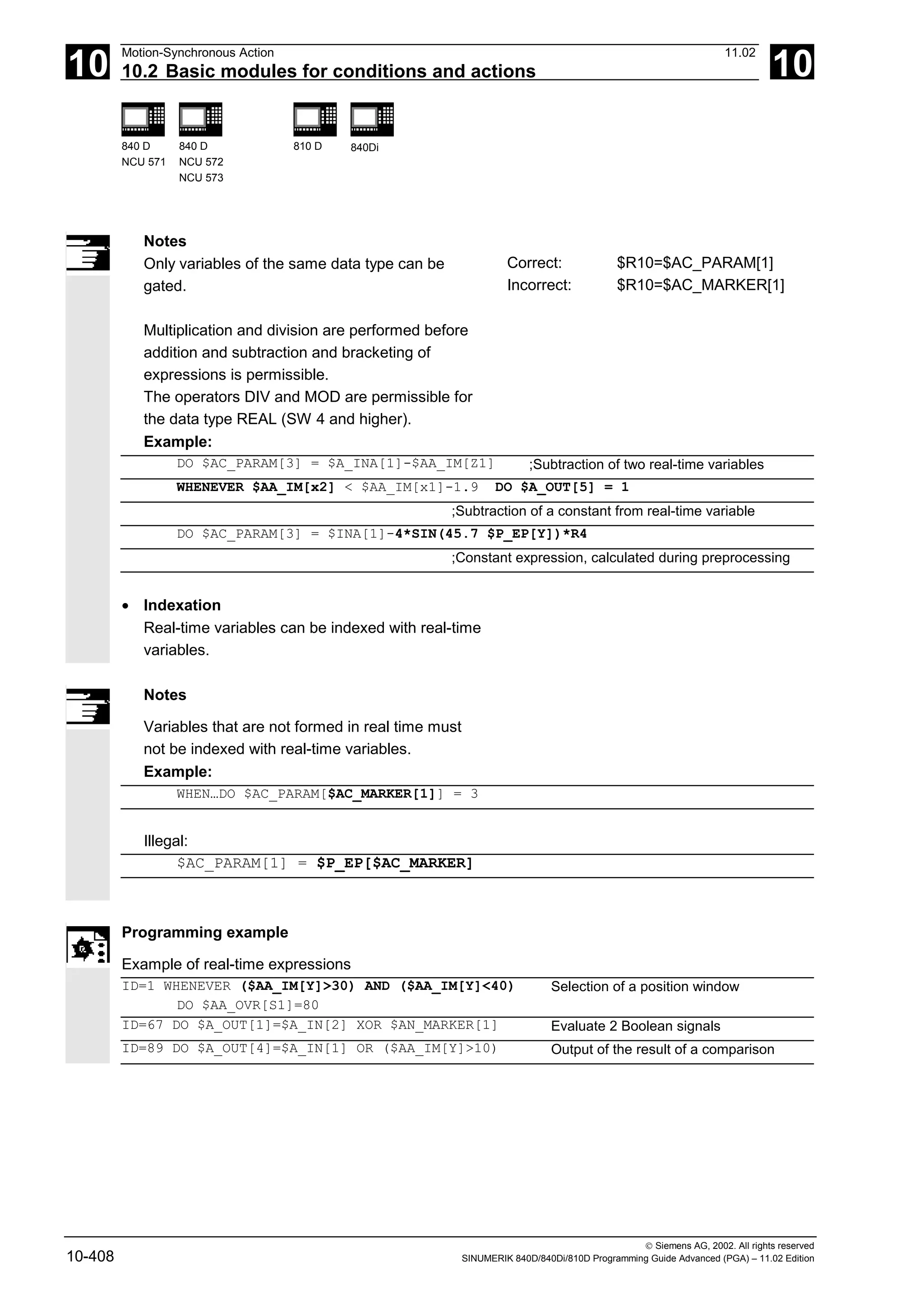 10
Motion-Synchronous Action 11.02
10.2 Basic modules for conditions and actions 10
840 D
NCU 571
840 D
NCU 572
NCU 573
810 D 840Di
 Siemens AG, 2002. All rights reserved
10-408 SINUMERIK 840D/840Di/810D Programming Guide Advanced (PGA) – 11.02 Edition
Notes
Only variables of the same data type can be
gated.
Correct: $R10=$AC_PARAM[1]
Incorrect: $R10=$AC_MARKER[1]
Multiplication and division are performed before
addition and subtraction and bracketing of
expressions is permissible.
The operators DIV and MOD are permissible for
the data type REAL (SW 4 and higher).
Example:
DO $AC_PARAM[3] = $A_INA[1]-$AA_IM[Z1] ;Subtraction of two real-time variables
WHENEVER $AA_IM[x2] < $AA_IM[x1]-1.9 DO $A_OUT[5] = 1
;Subtraction of a constant from real-time variable
DO $AC_PARAM[3] = $INA[1]-4*SIN(45.7 $P_EP[Y])*R4
;Constant expression, calculated during preprocessing
• Indexation
Real-time variables can be indexed with real-time
variables.
Notes
Variables that are not formed in real time must
not be indexed with real-time variables.
Example:
WHEN…DO $AC_PARAM[$AC_MARKER[1]] = 3
Illegal:
$AC_PARAM[1] = $P_EP[$AC_MARKER]
Programming example
Example of real-time expressions
ID=1 WHENEVER ($AA_IM[Y]>30) AND ($AA_IM[Y]<40)
DO $AA_OVR[S1]=80
Selection of a position window
ID=67 DO $A_OUT[1]=$A_IN[2] XOR $AN_MARKER[1] Evaluate 2 Boolean signals
ID=89 DO $A_OUT[4]=$A_IN[1] OR ($AA_IM[Y]>10) Output of the result of a comparison
 