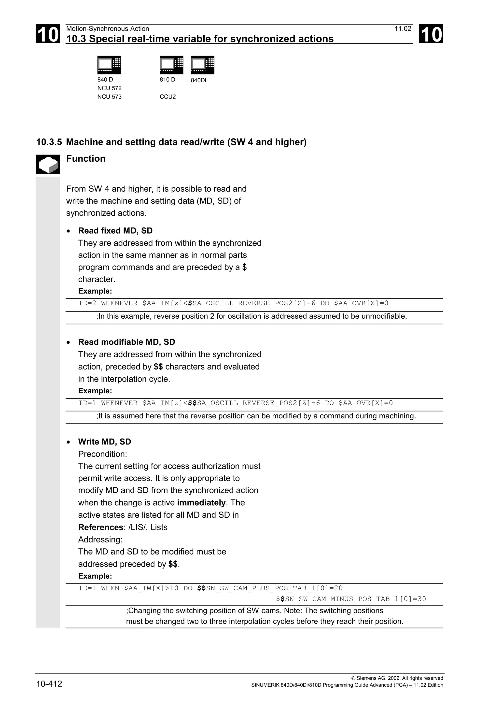 10
Motion-Synchronous Action 11.02
10.3 Special real-time variable for synchronized actions 10
840 D
NCU 572
NCU 573
810 D
CCU2
840Di
 Siemens AG, 2002. All rights reserved
10-412 SINUMERIK 840D/840Di/810D Programming Guide Advanced (PGA) – 11.02 Edition
10.3.5 Machine and setting data read/write (SW 4 and higher)
Function
From SW 4 and higher, it is possible to read and
write the machine and setting data (MD, SD) of
synchronized actions.
• Read fixed MD, SD
They are addressed from within the synchronized
action in the same manner as in normal parts
program commands and are preceded by a $
character.
Example:
ID=2 WHENEVER $AA_IM[z]<$SA_OSCILL_REVERSE_POS2[Z]-6 DO $AA_OVR[X]=0
;In this example, reverse position 2 for oscillation is addressed assumed to be unmodifiable.
• Read modifiable MD, SD
They are addressed from within the synchronized
action, preceded by $$ characters and evaluated
in the interpolation cycle.
Example:
ID=1 WHENEVER $AA_IM[z]<$$SA_OSCILL_REVERSE_POS2[Z]-6 DO $AA_OVR[X]=0
;It is assumed here that the reverse position can be modified by a command during machining.
• Write MD, SD
Precondition:
The current setting for access authorization must
permit write access. It is only appropriate to
modify MD and SD from the synchronized action
when the change is active immediately. The
active states are listed for all MD and SD in
References: /LIS/, Lists
Addressing:
The MD and SD to be modified must be
addressed preceded by $$.
Example:
ID=1 WHEN $AA_IW[X]>10 DO $$SN_SW_CAM_PLUS_POS_TAB_1[0]=20
$$SN_SW_CAM_MINUS_POS_TAB_1[0]=30
;Changing the switching position of SW cams. Note: The switching positions
must be changed two to three interpolation cycles before they reach their position.
 