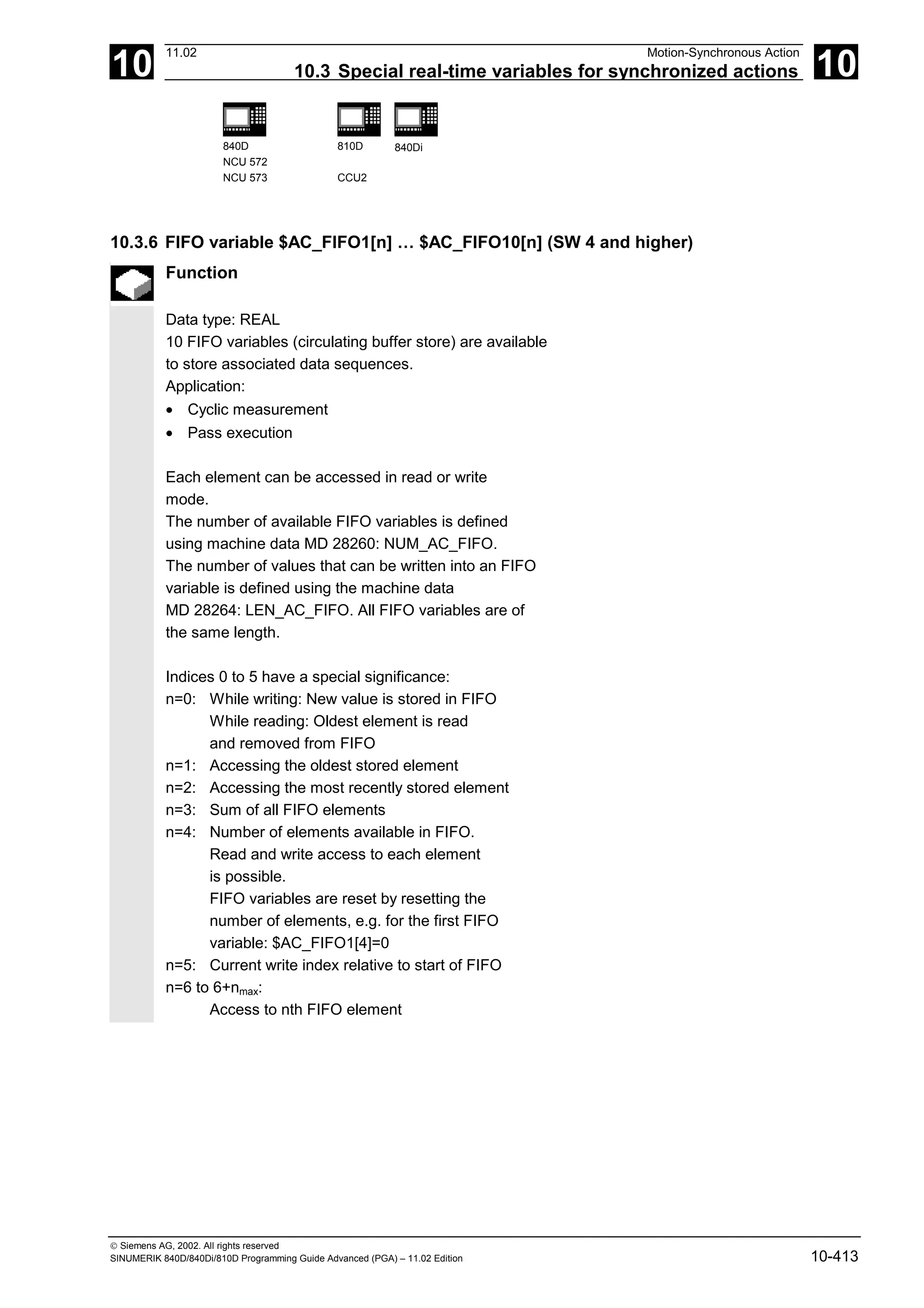 10
11.02 Motion-Synchronous Action
10.3 Special real-time variables for synchronized actions 10
840D
NCU 572
NCU 573
810D
CCU2
840Di
 Siemens AG, 2002. All rights reserved
SINUMERIK 840D/840Di/810D Programming Guide Advanced (PGA) – 11.02 Edition 10-413
10.3.6 FIFO variable $AC_FIFO1[n] … $AC_FIFO10[n] (SW 4 and higher)
Function
Data type: REAL
10 FIFO variables (circulating buffer store) are available
to store associated data sequences.
Application:
• Cyclic measurement
• Pass execution
Each element can be accessed in read or write
mode.
The number of available FIFO variables is defined
using machine data MD 28260: NUM_AC_FIFO.
The number of values that can be written into an FIFO
variable is defined using the machine data
MD 28264: LEN_AC_FIFO. All FIFO variables are of
the same length.
Indices 0 to 5 have a special significance:
n=0: While writing: New value is stored in FIFO
While reading: Oldest element is read
and removed from FIFO
n=1: Accessing the oldest stored element
n=2: Accessing the most recently stored element
n=3: Sum of all FIFO elements
n=4: Number of elements available in FIFO.
Read and write access to each element
is possible.
FIFO variables are reset by resetting the
number of elements, e.g. for the first FIFO
variable: $AC_FIFO1[4]=0
n=5: Current write index relative to start of FIFO
n=6 to 6+nmax:
Access to nth FIFO element
 