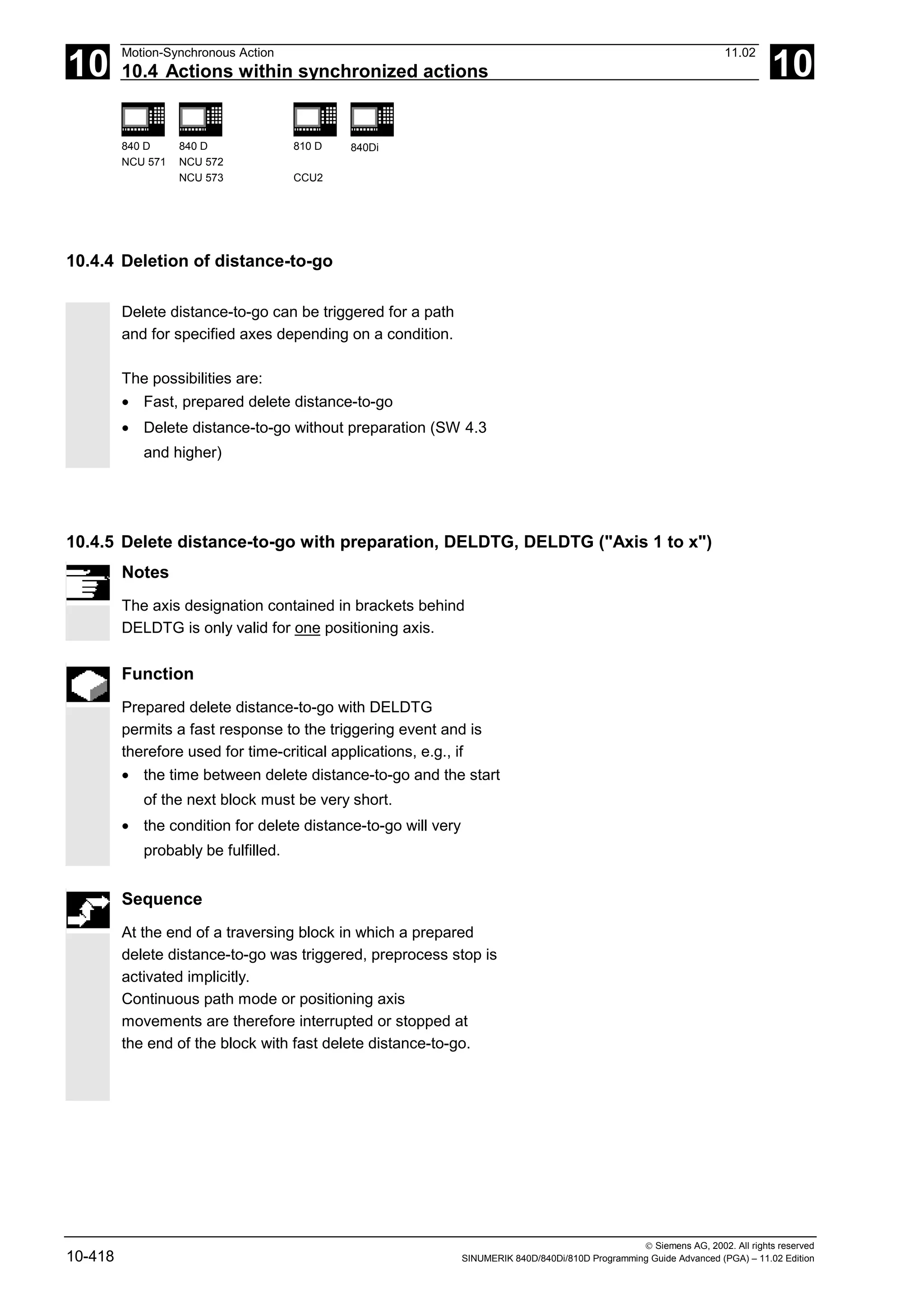 10
Motion-Synchronous Action 11.02
10.4 Actions within synchronized actions 10
840 D
NCU 571
840 D
NCU 572
NCU 573
810 D
CCU2
840Di
 Siemens AG, 2002. All rights reserved
10-418 SINUMERIK 840D/840Di/810D Programming Guide Advanced (PGA) – 11.02 Edition
10.4.4 Deletion of distance-to-go
Delete distance-to-go can be triggered for a path
and for specified axes depending on a condition.
The possibilities are:
• Fast, prepared delete distance-to-go
• Delete distance-to-go without preparation (SW 4.3
and higher)
10.4.5 Delete distance-to-go with preparation, DELDTG, DELDTG ("Axis 1 to x")
Notes
The axis designation contained in brackets behind
DELDTG is only valid for one positioning axis.
Function
Prepared delete distance-to-go with DELDTG
permits a fast response to the triggering event and is
therefore used for time-critical applications, e.g., if
• the time between delete distance-to-go and the start
of the next block must be very short.
• the condition for delete distance-to-go will very
probably be fulfilled.
Sequence
At the end of a traversing block in which a prepared
delete distance-to-go was triggered, preprocess stop is
activated implicitly.
Continuous path mode or positioning axis
movements are therefore interrupted or stopped at
the end of the block with fast delete distance-to-go.
 