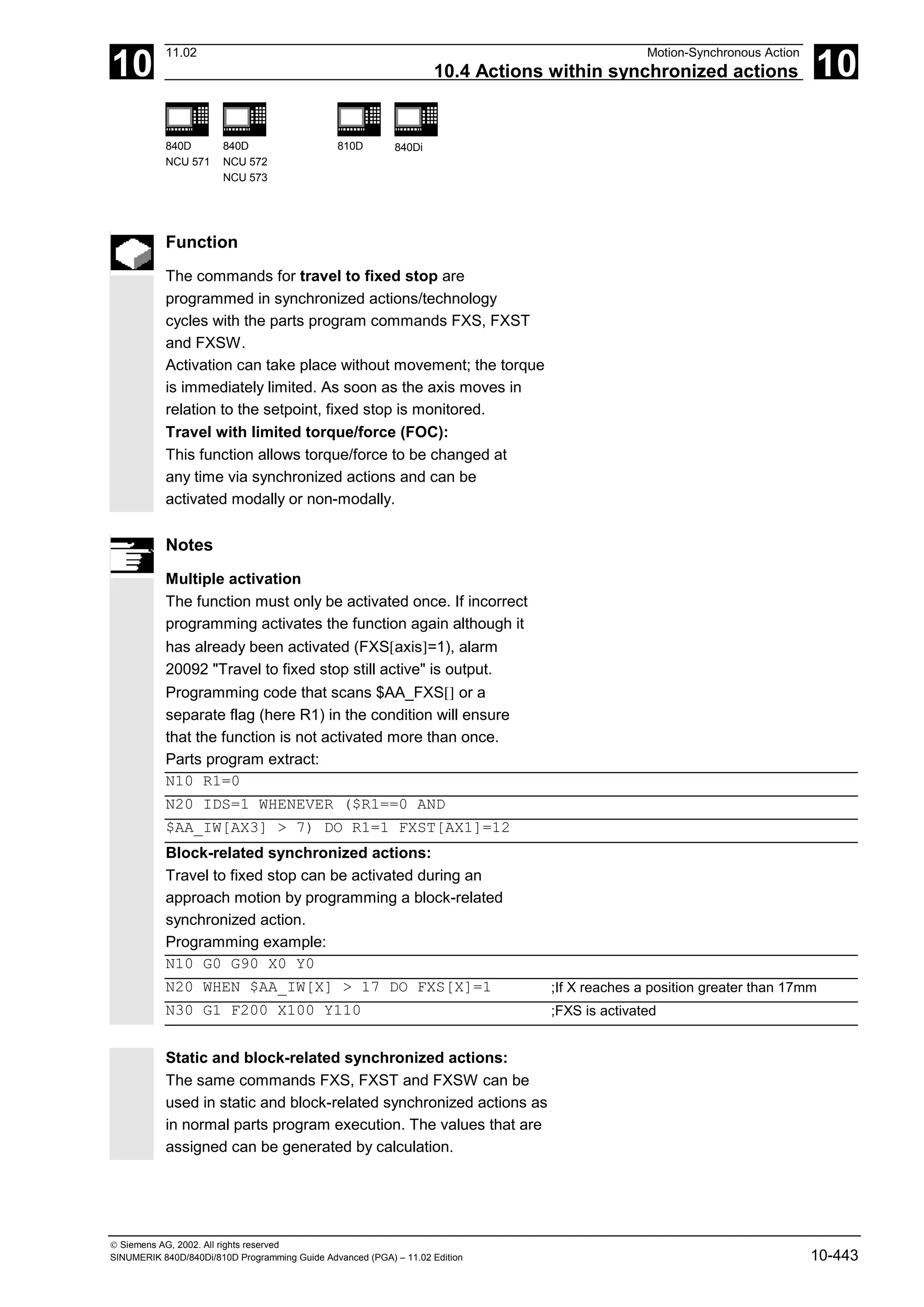 10
11.02 Motion-Synchronous Action
10.4 Actions within synchronized actions 10
840D
NCU 571
840D
NCU 572
NCU 573
810D 840Di
 Siemens AG, 2002. All rights reserved
SINUMERIK 840D/840Di/810D Programming Guide Advanced (PGA) – 11.02 Edition 10-443
Function
The commands for travel to fixed stop are
programmed in synchronized actions/technology
cycles with the parts program commands FXS, FXST
and FXSW.
Activation can take place without movement; the torque
is immediately limited. As soon as the axis moves in
relation to the setpoint, fixed stop is monitored.
Travel with limited torque/force (FOC):
This function allows torque/force to be changed at
any time via synchronized actions and can be
activated modally or non-modally.
Notes
Multiple activation
The function must only be activated once. If incorrect
programming activates the function again although it
has already been activated (FXS[axis]=1), alarm
20092 "Travel to fixed stop still active" is output.
Programming code that scans $AA_FXS[] or a
separate flag (here R1) in the condition will ensure
that the function is not activated more than once.
Parts program extract:
N10 R1=0
N20 IDS=1 WHENEVER ($R1==0 AND
$AA_IW[AX3] > 7) DO R1=1 FXST[AX1]=12
Block-related synchronized actions:
Travel to fixed stop can be activated during an
approach motion by programming a block-related
synchronized action.
Programming example:
N10 G0 G90 X0 Y0
N20 WHEN $AA_IW[X] > 17 DO FXS[X]=1 ;If X reaches a position greater than 17mm
N30 G1 F200 X100 Y110 ;FXS is activated
Static and block-related synchronized actions:
The same commands FXS, FXST and FXSW can be
used in static and block-related synchronized actions as
in normal parts program execution. The values that are
assigned can be generated by calculation.
 
