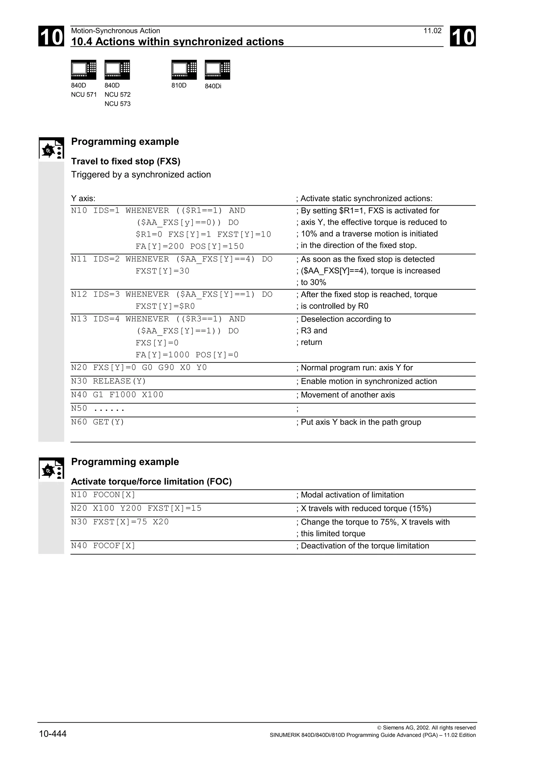 10
Motion-Synchronous Action 11.02
10.4 Actions within synchronized actions 10
840D
NCU 571
840D
NCU 572
NCU 573
810D 840Di
 Siemens AG, 2002. All rights reserved
10-444 SINUMERIK 840D/840Di/810D Programming Guide Advanced (PGA) – 11.02 Edition
Programming example
Travel to fixed stop (FXS)
Triggered by a synchronized action
Y axis: ; Activate static synchronized actions:
N10 IDS=1 WHENEVER (($R1==1) AND
($AA_FXS[y]==0)) DO
$R1=0 FXS[Y]=1 FXST[Y]=10
FA[Y]=200 POS[Y]=150
; By setting $R1=1, FXS is activated for
; axis Y, the effective torque is reduced to
; 10% and a traverse motion is initiated
; in the direction of the fixed stop.
N11 IDS=2 WHENEVER ($AA_FXS[Y]==4) DO
FXST[Y]=30
; As soon as the fixed stop is detected
; ($AA_FXS[Y]==4), torque is increased
; to 30%
N12 IDS=3 WHENEVER ($AA_FXS[Y]==1) DO
FXST[Y]=$R0
; After the fixed stop is reached, torque
; is controlled by R0
N13 IDS=4 WHENEVER (($R3==1) AND
($AA_FXS[Y]==1)) DO
FXS[Y]=0
FA[Y]=1000 POS[Y]=0
; Deselection according to
; R3 and
; return
N20 FXS[Y]=0 G0 G90 X0 Y0 ; Normal program run: axis Y for
N30 RELEASE(Y) ; Enable motion in synchronized action
N40 G1 F1000 X100 ; Movement of another axis
N50 ...... ;
N60 GET(Y) ; Put axis Y back in the path group
Programming example
Activate torque/force limitation (FOC)
N10 FOCON[X] ; Modal activation of limitation
N20 X100 Y200 FXST[X]=15 ; X travels with reduced torque (15%)
N30 FXST[X]=75 X20 ; Change the torque to 75%, X travels with
; this limited torque
N40 FOCOF[X] ; Deactivation of the torque limitation
 