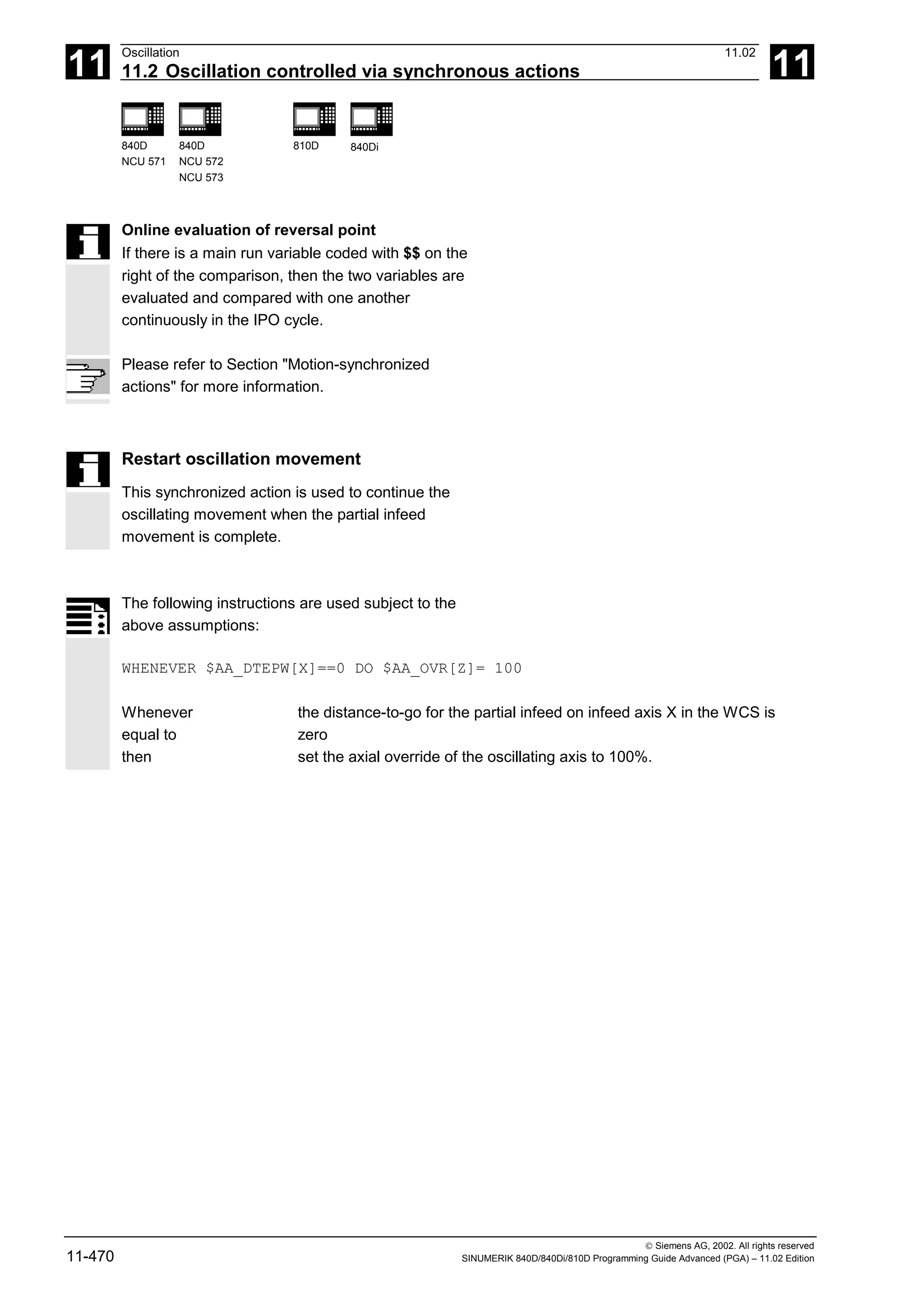 11
Oscillation 11.02
11.2 Oscillation controlled via synchronous actions 11
840D
NCU 571
840D
NCU 572
NCU 573
810D 840Di
 Siemens AG, 2002. All rights reserved
11-470 SINUMERIK 840D/840Di/810D Programming Guide Advanced (PGA) – 11.02 Edition
Online evaluation of reversal point
If there is a main run variable coded with $$ on the
right of the comparison, then the two variables are
evaluated and compared with one another
continuously in the IPO cycle.
Please refer to Section "Motion-synchronized
actions" for more information.
Restart oscillation movement
This synchronized action is used to continue the
oscillating movement when the partial infeed
movement is complete.
The following instructions are used subject to the
above assumptions:
WHENEVER $AA_DTEPW[X]==0 DO $AA_OVR[Z]= 100
Whenever
equal to
then
the distance-to-go for the partial infeed on infeed axis X in the WCS is
zero
set the axial override of the oscillating axis to 100%.
 