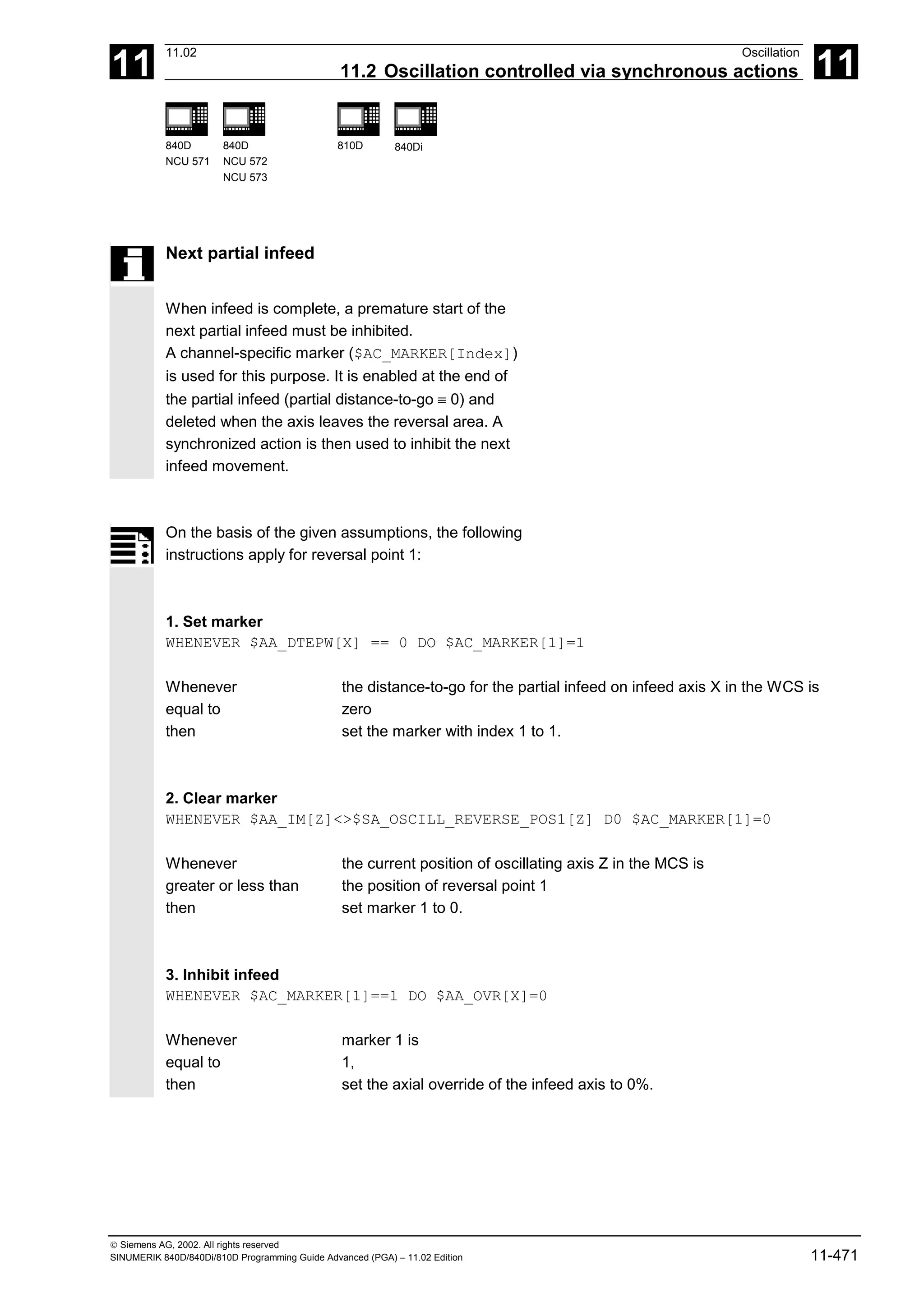 11
11.02 Oscillation
11.2 Oscillation controlled via synchronous actions 11
840D
NCU 571
840D
NCU 572
NCU 573
810D 840Di
 Siemens AG, 2002. All rights reserved
SINUMERIK 840D/840Di/810D Programming Guide Advanced (PGA) – 11.02 Edition 11-471
Next partial infeed
When infeed is complete, a premature start of the
next partial infeed must be inhibited.
A channel-specific marker ($AC_MARKER[Index])
is used for this purpose. It is enabled at the end of
the partial infeed (partial distance-to-go ≡ 0) and
deleted when the axis leaves the reversal area. A
synchronized action is then used to inhibit the next
infeed movement.
On the basis of the given assumptions, the following
instructions apply for reversal point 1:
1. Set marker
WHENEVER $AA_DTEPW[X] == 0 DO $AC_MARKER[1]=1
Whenever
equal to
then
the distance-to-go for the partial infeed on infeed axis X in the WCS is
zero
set the marker with index 1 to 1.
2. Clear marker
WHENEVER $AA_IM[Z]<>$SA_OSCILL_REVERSE_POS1[Z] D0 $AC_MARKER[1]=0
Whenever
greater or less than
then
the current position of oscillating axis Z in the MCS is
the position of reversal point 1
set marker 1 to 0.
3. Inhibit infeed
WHENEVER $AC_MARKER[1]==1 DO $AA_OVR[X]=0
Whenever
equal to
then
marker 1 is
1,
set the axial override of the infeed axis to 0%.
 