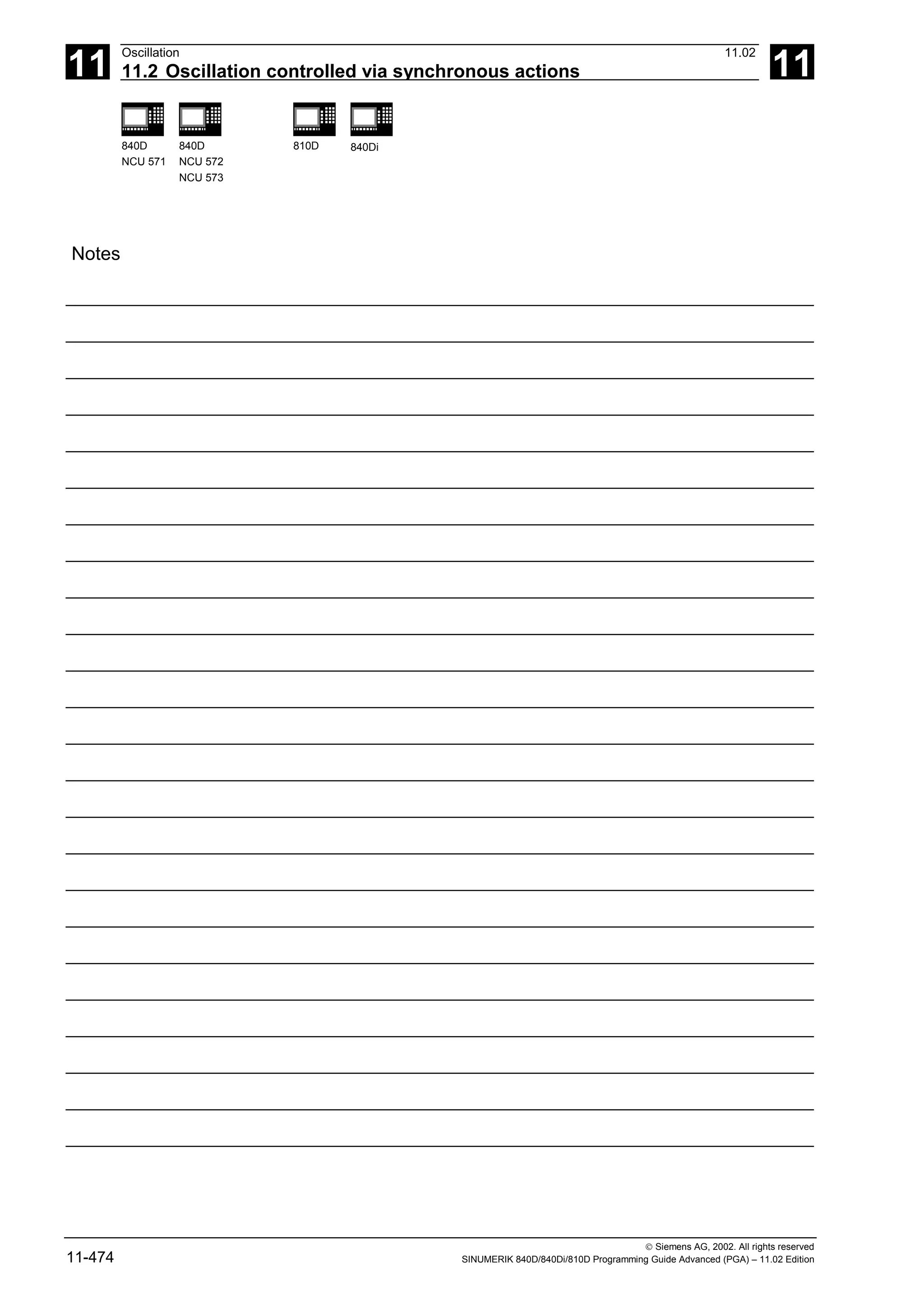 11
Oscillation 11.02
11.2 Oscillation controlled via synchronous actions 11
840D
NCU 571
840D
NCU 572
NCU 573
810D 840Di
 Siemens AG, 2002. All rights reserved
11-474 SINUMERIK 840D/840Di/810D Programming Guide Advanced (PGA) – 11.02 Edition
Notes
 