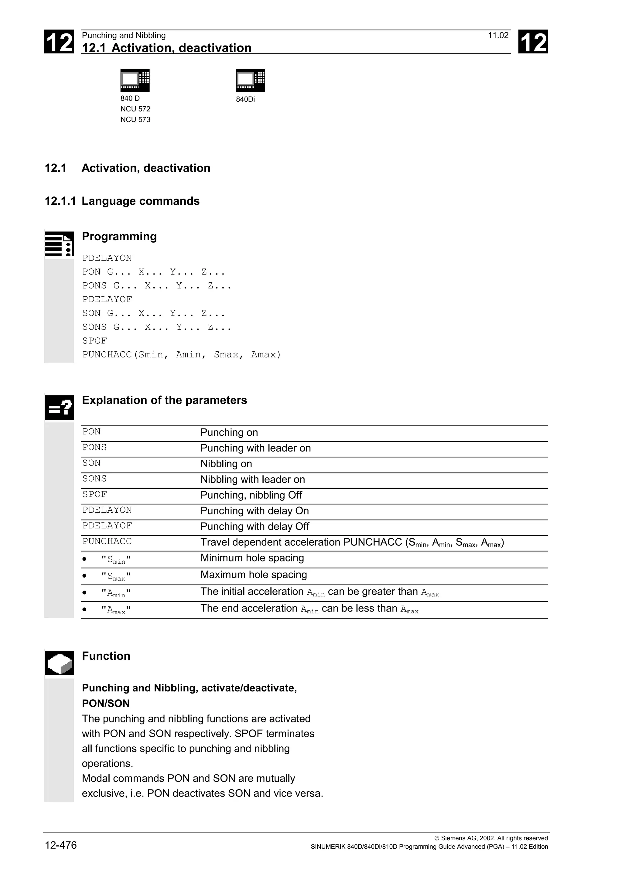 12
Punching and Nibbling 11.02
12.1 Activation, deactivation 12
840 D
NCU 572
NCU 573
840Di
 Siemens AG, 2002. All rights reserved
12-476 SINUMERIK 840D/840Di/810D Programming Guide Advanced (PGA) – 11.02 Edition
12.1 Activation, deactivation
12.1.1 Language commands
Programming
PDELAYON
PON G... X... Y... Z...
PONS G... X... Y... Z...
PDELAYOF
SON G... X... Y... Z...
SONS G... X... Y... Z...
SPOF
PUNCHACC(Smin, Amin, Smax, Amax)
Explanation of the parameters
PON Punching on
PONS Punching with leader on
SON Nibbling on
SONS Nibbling with leader on
SPOF Punching, nibbling Off
PDELAYON Punching with delay On
PDELAYOF Punching with delay Off
PUNCHACC Travel dependent acceleration PUNCHACC (Smin, Amin, Smax, Amax)
• "Smin" Minimum hole spacing
• "Smax" Maximum hole spacing
• "Amin" The initial acceleration Amin can be greater than Amax
• "Amax" The end acceleration Amin can be less than Amax
Function
Punching and Nibbling, activate/deactivate,
PON/SON
The punching and nibbling functions are activated
with PON and SON respectively. SPOF terminates
all functions specific to punching and nibbling
operations.
Modal commands PON and SON are mutually
exclusive, i.e. PON deactivates SON and vice versa.
 