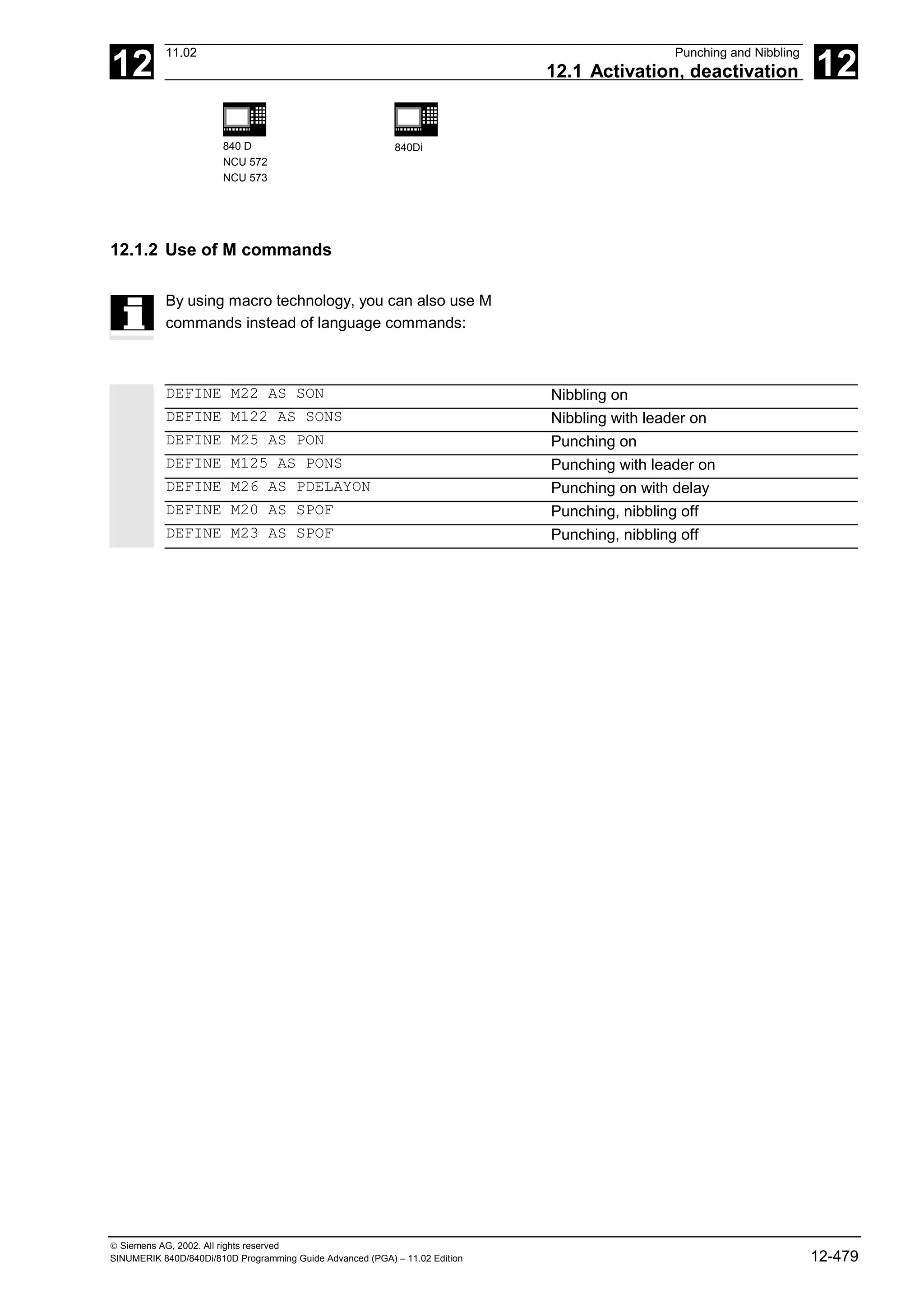 12
11.02 Punching and Nibbling
12.1 Activation, deactivation 12
840 D
NCU 572
NCU 573
840Di
 Siemens AG, 2002. All rights reserved
SINUMERIK 840D/840Di/810D Programming Guide Advanced (PGA) – 11.02 Edition 12-479
12.1.2 Use of M commands
By using macro technology, you can also use M
commands instead of language commands:
DEFINE M22 AS SON Nibbling on
DEFINE M122 AS SONS Nibbling with leader on
DEFINE M25 AS PON Punching on
DEFINE M125 AS PONS Punching with leader on
DEFINE M26 AS PDELAYON Punching on with delay
DEFINE M20 AS SPOF Punching, nibbling off
DEFINE M23 AS SPOF Punching, nibbling off
 