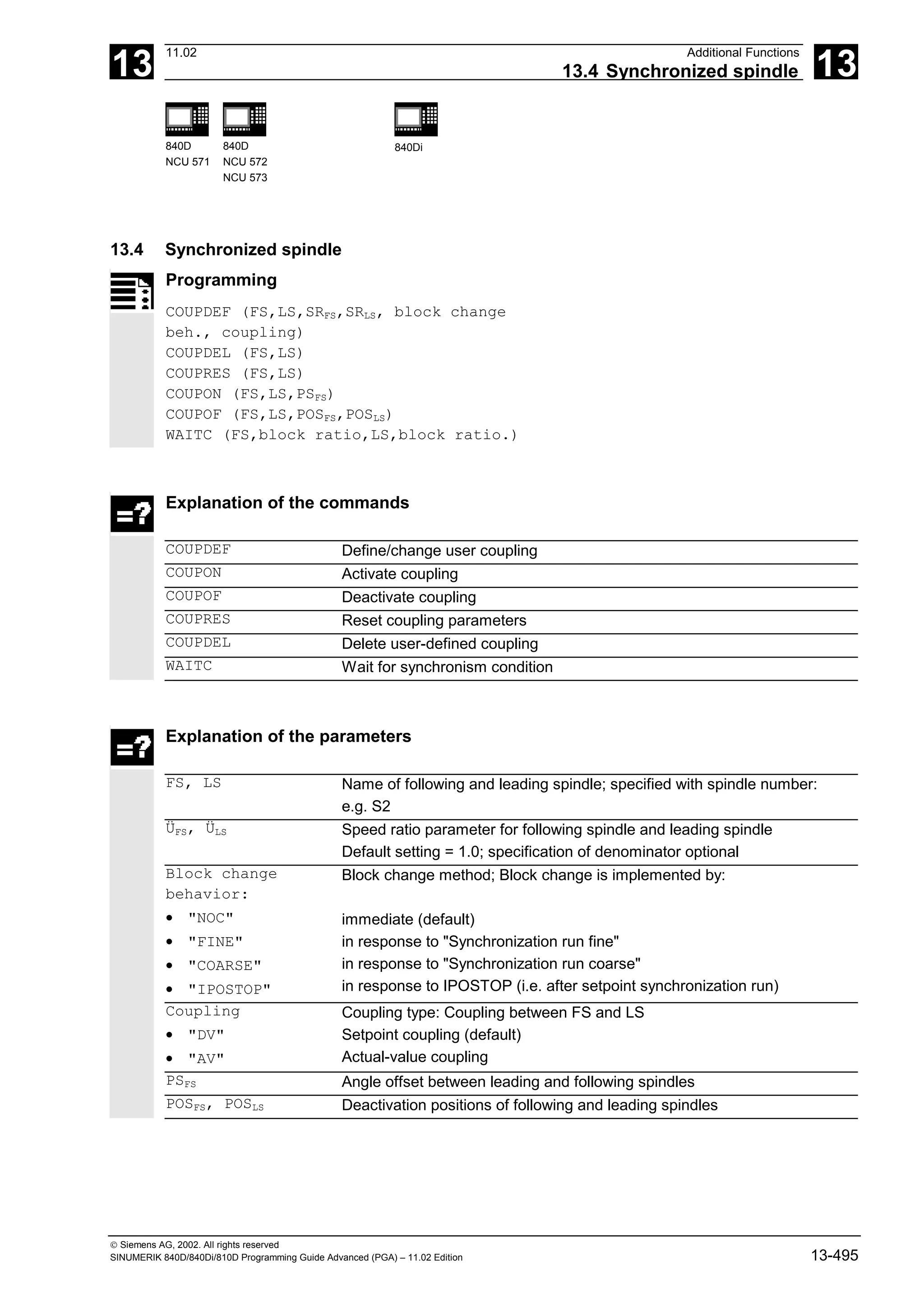 13
11.02 Additional Functions
13.4 Synchronized spindle 13
840D
NCU 571
840D
NCU 572
NCU 573
840Di
 Siemens AG, 2002. All rights reserved
SINUMERIK 840D/840Di/810D Programming Guide Advanced (PGA) – 11.02 Edition 13-495
13.4 Synchronized spindle
Programming
COUPDEF (FS,LS,SRFS,SRLS, block change
beh., coupling)
COUPDEL (FS,LS)
COUPRES (FS,LS)
COUPON (FS,LS,PSFS)
COUPOF (FS,LS,POSFS,POSLS)
WAITC (FS,block ratio,LS,block ratio.)
Explanation of the commands
COUPDEF Define/change user coupling
COUPON Activate coupling
COUPOF Deactivate coupling
COUPRES Reset coupling parameters
COUPDEL Delete user-defined coupling
WAITC Wait for synchronism condition
Explanation of the parameters
FS, LS Name of following and leading spindle; specified with spindle number:
e.g. S2
ÜFS, ÜLS Speed ratio parameter for following spindle and leading spindle
Default setting = 1.0; specification of denominator optional
Block change
behavior:
• "NOC"
• "FINE"
• "COARSE"
• "IPOSTOP"
Block change method; Block change is implemented by:
immediate (default)
in response to "Synchronization run fine"
in response to "Synchronization run coarse"
in response to IPOSTOP (i.e. after setpoint synchronization run)
Coupling
• "DV"
• "AV"
Coupling type: Coupling between FS and LS
Setpoint coupling (default)
Actual-value coupling
PSFS Angle offset between leading and following spindles
POSFS, POSLS Deactivation positions of following and leading spindles
 