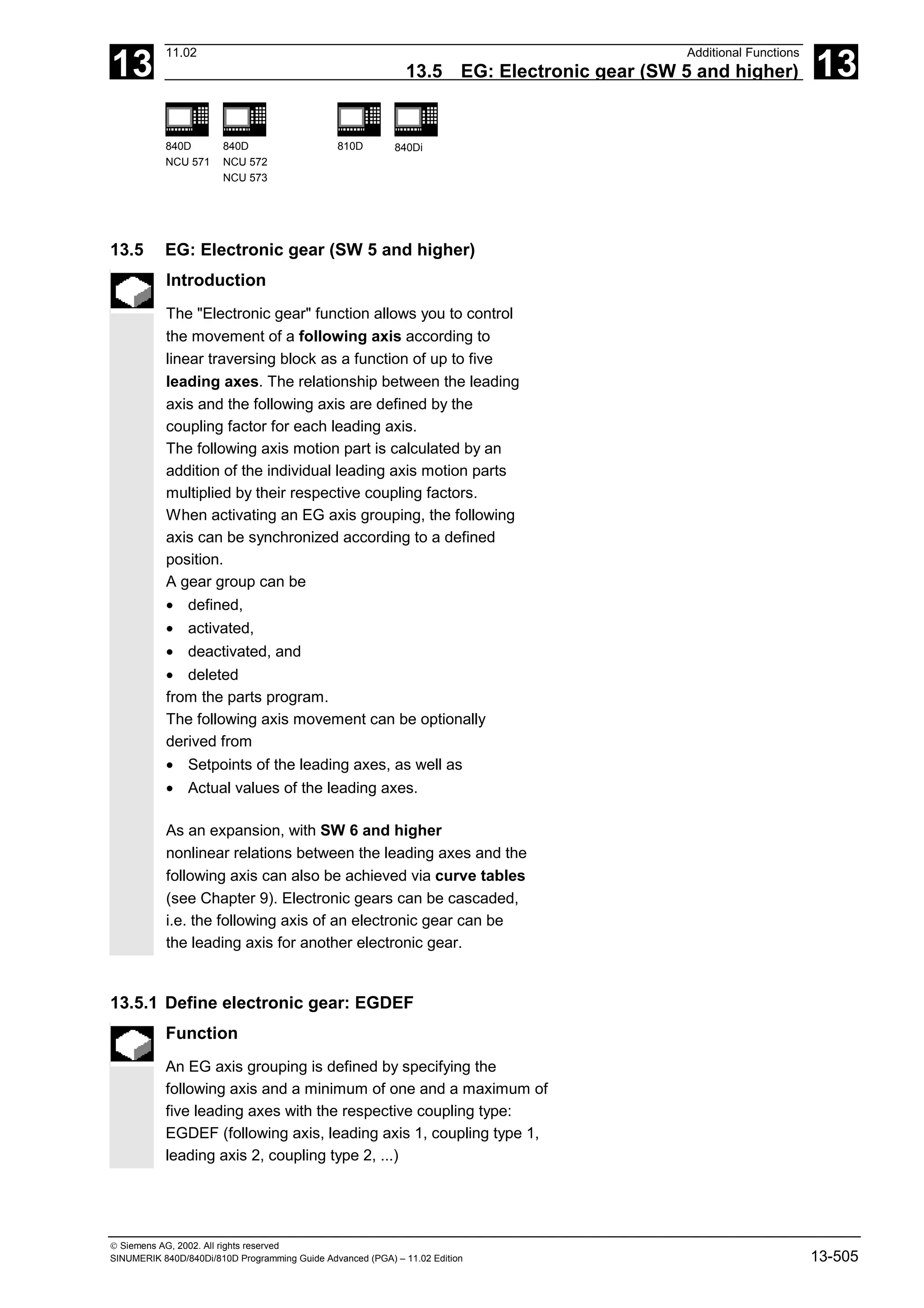 13
11.02 Additional Functions
13.5 EG: Electronic gear (SW 5 and higher) 13
840D
NCU 571
840D
NCU 572
NCU 573
810D 840Di
 Siemens AG, 2002. All rights reserved
SINUMERIK 840D/840Di/810D Programming Guide Advanced (PGA) – 11.02 Edition 13-505
13.5 EG: Electronic gear (SW 5 and higher)
Introduction
The "Electronic gear" function allows you to control
the movement of a following axis according to
linear traversing block as a function of up to five
leading axes. The relationship between the leading
axis and the following axis are defined by the
coupling factor for each leading axis.
The following axis motion part is calculated by an
addition of the individual leading axis motion parts
multiplied by their respective coupling factors.
When activating an EG axis grouping, the following
axis can be synchronized according to a defined
position.
A gear group can be
• defined,
• activated,
• deactivated, and
• deleted
from the parts program.
The following axis movement can be optionally
derived from
• Setpoints of the leading axes, as well as
• Actual values of the leading axes.
As an expansion, with SW 6 and higher
nonlinear relations between the leading axes and the
following axis can also be achieved via curve tables
(see Chapter 9). Electronic gears can be cascaded,
i.e. the following axis of an electronic gear can be
the leading axis for another electronic gear.
13.5.1 Define electronic gear: EGDEF
Function
An EG axis grouping is defined by specifying the
following axis and a minimum of one and a maximum of
five leading axes with the respective coupling type:
EGDEF (following axis, leading axis 1, coupling type 1,
leading axis 2, coupling type 2, ...)
 