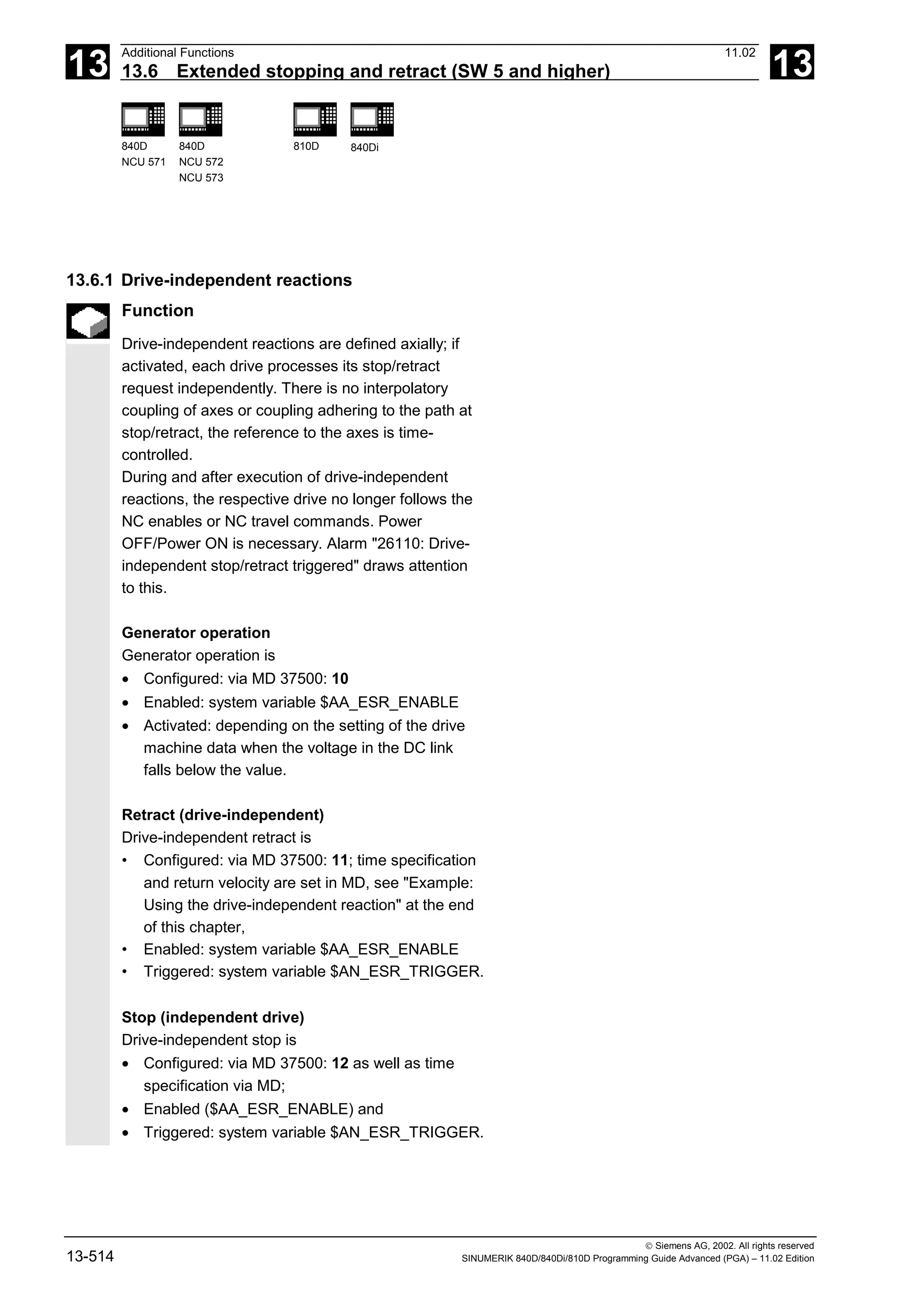 13
Additional Functions 11.02
13.6 Extended stopping and retract (SW 5 and higher) 13
840D
NCU 571
840D
NCU 572
NCU 573
810D 840Di
 Siemens AG, 2002. All rights reserved
13-514 SINUMERIK 840D/840Di/810D Programming Guide Advanced (PGA) – 11.02 Edition
13.6.1 Drive-independent reactions
Function
Drive-independent reactions are defined axially; if
activated, each drive processes its stop/retract
request independently. There is no interpolatory
coupling of axes or coupling adhering to the path at
stop/retract, the reference to the axes is time-
controlled.
During and after execution of drive-independent
reactions, the respective drive no longer follows the
NC enables or NC travel commands. Power
OFF/Power ON is necessary. Alarm "26110: Drive-
independent stop/retract triggered" draws attention
to this.
Generator operation
Generator operation is
• Configured: via MD 37500: 10
• Enabled: system variable $AA_ESR_ENABLE
• Activated: depending on the setting of the drive
machine data when the voltage in the DC link
falls below the value.
Retract (drive-independent)
Drive-independent retract is
• Configured: via MD 37500: 11; time specification
and return velocity are set in MD, see "Example:
Using the drive-independent reaction" at the end
of this chapter,
• Enabled: system variable $AA_ESR_ENABLE
• Triggered: system variable $AN_ESR_TRIGGER.
Stop (independent drive)
Drive-independent stop is
• Configured: via MD 37500: 12 as well as time
specification via MD;
• Enabled ($AA_ESR_ENABLE) and
• Triggered: system variable $AN_ESR_TRIGGER.
 