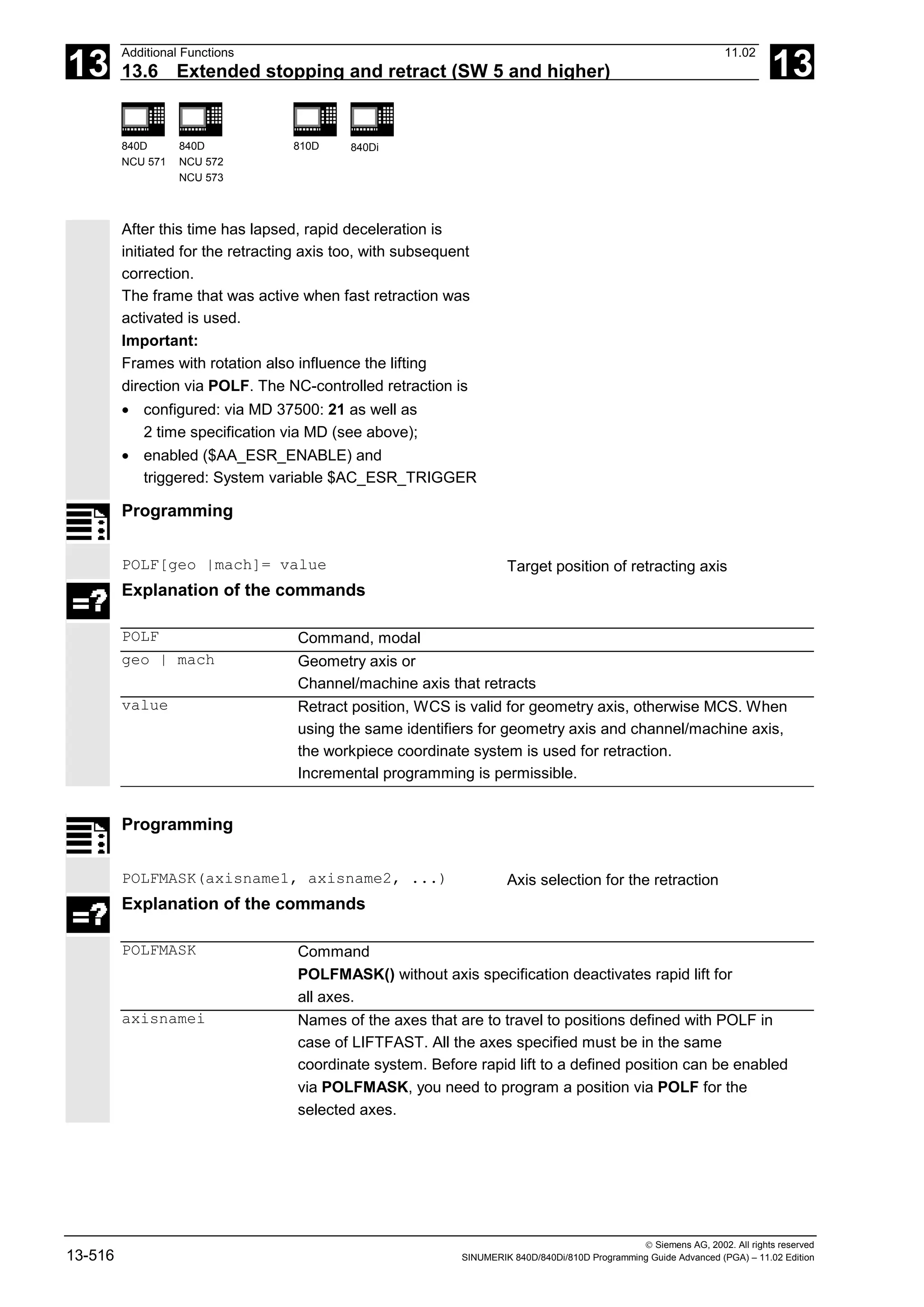 13
Additional Functions 11.02
13.6 Extended stopping and retract (SW 5 and higher) 13
840D
NCU 571
840D
NCU 572
NCU 573
810D 840Di
 Siemens AG, 2002. All rights reserved
13-516 SINUMERIK 840D/840Di/810D Programming Guide Advanced (PGA) – 11.02 Edition
After this time has lapsed, rapid deceleration is
initiated for the retracting axis too, with subsequent
correction.
The frame that was active when fast retraction was
activated is used.
Important:
Frames with rotation also influence the lifting
direction via POLF. The NC-controlled retraction is
• configured: via MD 37500: 21 as well as
2 time specification via MD (see above);
• enabled ($AA_ESR_ENABLE) and
triggered: System variable $AC_ESR_TRIGGER
Programming
POLF[geo |mach]= value Target position of retracting axis
Explanation of the commands
POLF Command, modal
geo | mach Geometry axis or
Channel/machine axis that retracts
value Retract position, WCS is valid for geometry axis, otherwise MCS. When
using the same identifiers for geometry axis and channel/machine axis,
the workpiece coordinate system is used for retraction.
Incremental programming is permissible.
Programming
POLFMASK(axisname1, axisname2, ...) Axis selection for the retraction
Explanation of the commands
POLFMASK Command
POLFMASK() without axis specification deactivates rapid lift for
all axes.
axisnamei Names of the axes that are to travel to positions defined with POLF in
case of LIFTFAST. All the axes specified must be in the same
coordinate system. Before rapid lift to a defined position can be enabled
via POLFMASK, you need to program a position via POLF for the
selected axes.
 