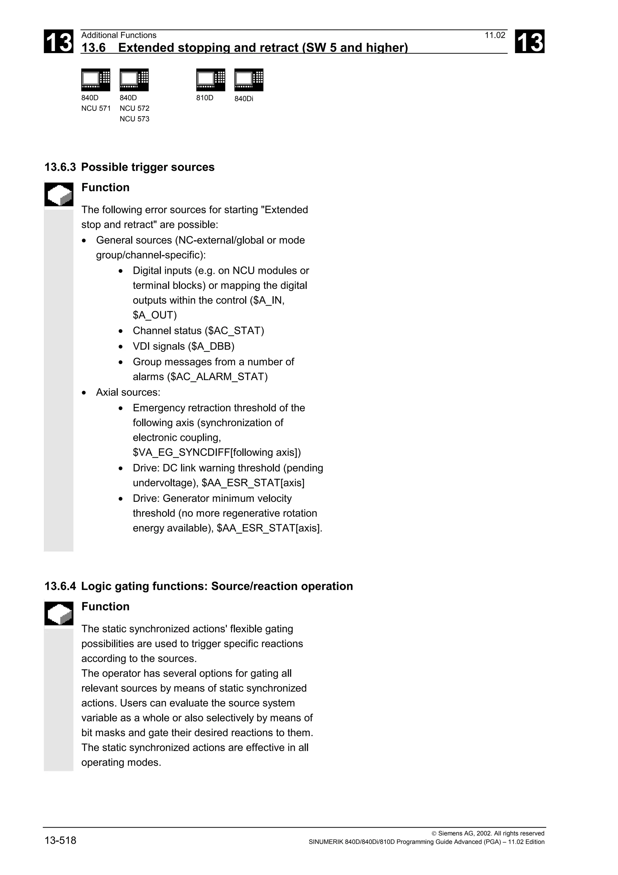 13
Additional Functions 11.02
13.6 Extended stopping and retract (SW 5 and higher) 13
840D
NCU 571
840D
NCU 572
NCU 573
810D 840Di
 Siemens AG, 2002. All rights reserved
13-518 SINUMERIK 840D/840Di/810D Programming Guide Advanced (PGA) – 11.02 Edition
13.6.3 Possible trigger sources
Function
The following error sources for starting "Extended
stop and retract" are possible:
• General sources (NC-external/global or mode
group/channel-specific):
• Digital inputs (e.g. on NCU modules or
terminal blocks) or mapping the digital
outputs within the control ($A_IN,
$A_OUT)
• Channel status ($AC_STAT)
• VDI signals ($A_DBB)
• Group messages from a number of
alarms ($AC_ALARM_STAT)
• Axial sources:
• Emergency retraction threshold of the
following axis (synchronization of
electronic coupling,
$VA_EG_SYNCDIFF[following axis])
• Drive: DC link warning threshold (pending
undervoltage), $AA_ESR_STAT[axis]
• Drive: Generator minimum velocity
threshold (no more regenerative rotation
energy available), $AA_ESR_STAT[axis].
13.6.4 Logic gating functions: Source/reaction operation
Function
The static synchronized actions' flexible gating
possibilities are used to trigger specific reactions
according to the sources.
The operator has several options for gating all
relevant sources by means of static synchronized
actions. Users can evaluate the source system
variable as a whole or also selectively by means of
bit masks and gate their desired reactions to them.
The static synchronized actions are effective in all
operating modes.
 