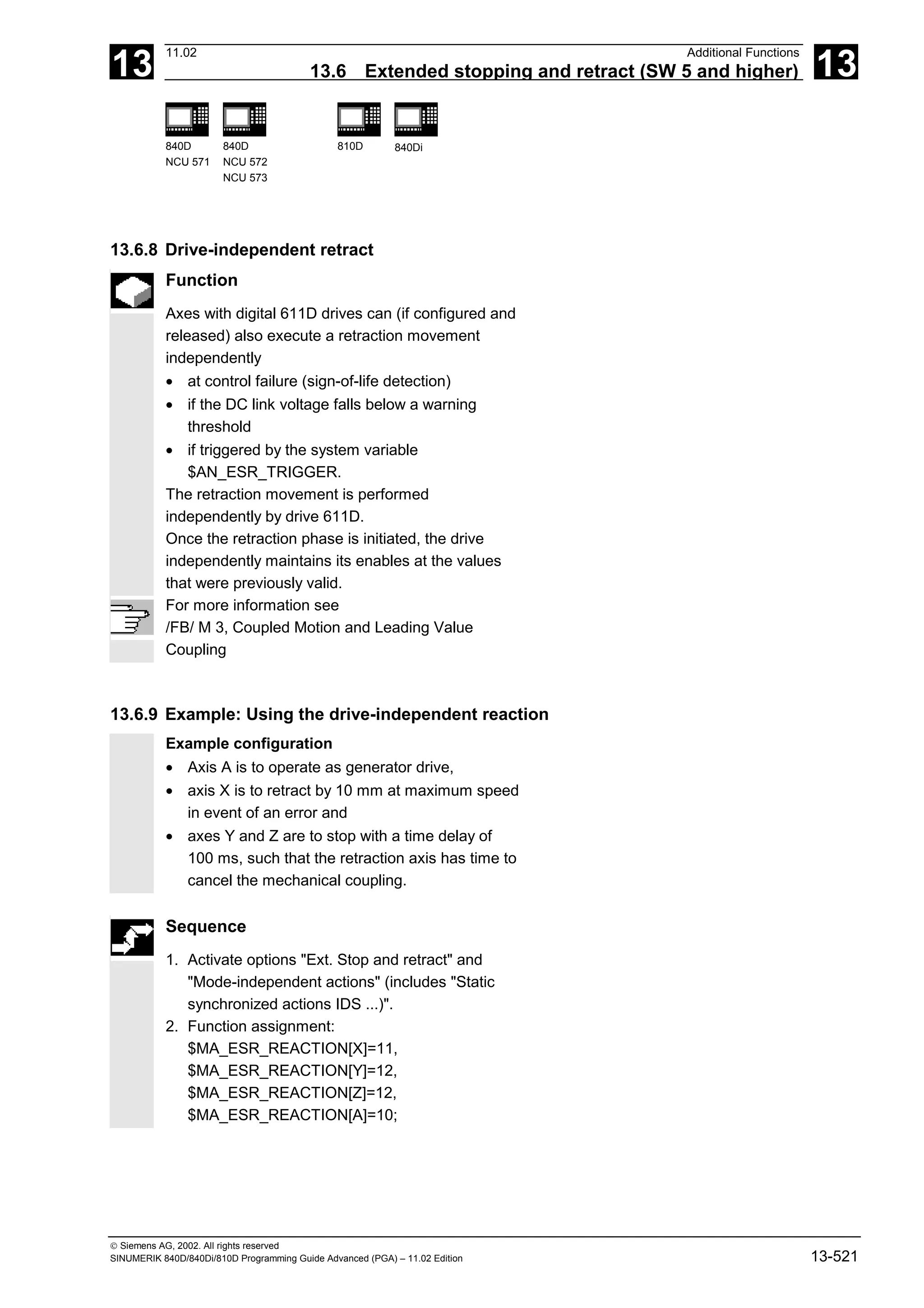 13
11.02 Additional Functions
13.6 Extended stopping and retract (SW 5 and higher) 13
840D
NCU 571
840D
NCU 572
NCU 573
810D 840Di
 Siemens AG, 2002. All rights reserved
SINUMERIK 840D/840Di/810D Programming Guide Advanced (PGA) – 11.02 Edition 13-521
13.6.8 Drive-independent retract
Function
Axes with digital 611D drives can (if configured and
released) also execute a retraction movement
independently
• at control failure (sign-of-life detection)
• if the DC link voltage falls below a warning
threshold
• if triggered by the system variable
$AN_ESR_TRIGGER.
The retraction movement is performed
independently by drive 611D.
Once the retraction phase is initiated, the drive
independently maintains its enables at the values
that were previously valid.
For more information see
/FB/ M 3, Coupled Motion and Leading Value
Coupling
13.6.9 Example: Using the drive-independent reaction
Example configuration
• Axis A is to operate as generator drive,
• axis X is to retract by 10 mm at maximum speed
in event of an error and
• axes Y and Z are to stop with a time delay of
100 ms, such that the retraction axis has time to
cancel the mechanical coupling.
Sequence
1. Activate options "Ext. Stop and retract" and
"Mode-independent actions" (includes "Static
synchronized actions IDS ...)".
2. Function assignment:
$MA_ESR_REACTION[X]=11,
$MA_ESR_REACTION[Y]=12,
$MA_ESR_REACTION[Z]=12,
$MA_ESR_REACTION[A]=10;
 