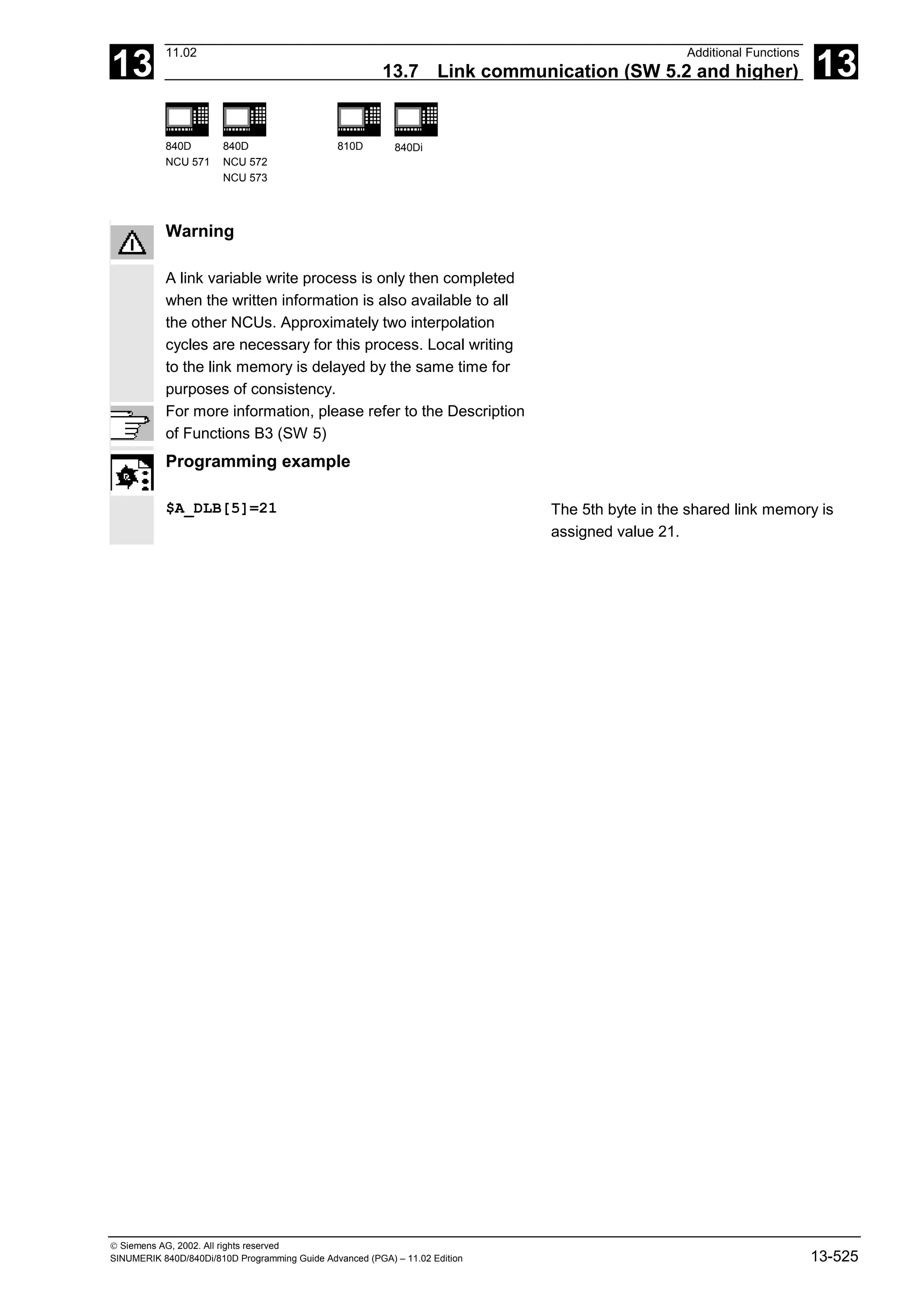 13
11.02 Additional Functions
13.7 Link communication (SW 5.2 and higher) 13
840D
NCU 571
840D
NCU 572
NCU 573
810D 840Di
 Siemens AG, 2002. All rights reserved
SINUMERIK 840D/840Di/810D Programming Guide Advanced (PGA) – 11.02 Edition 13-525
Warning
A link variable write process is only then completed
when the written information is also available to all
the other NCUs. Approximately two interpolation
cycles are necessary for this process. Local writing
to the link memory is delayed by the same time for
purposes of consistency.
For more information, please refer to the Description
of Functions B3 (SW 5)
Programming example
$A_DLB[5]=21 The 5th byte in the shared link memory is
assigned value 21.
 