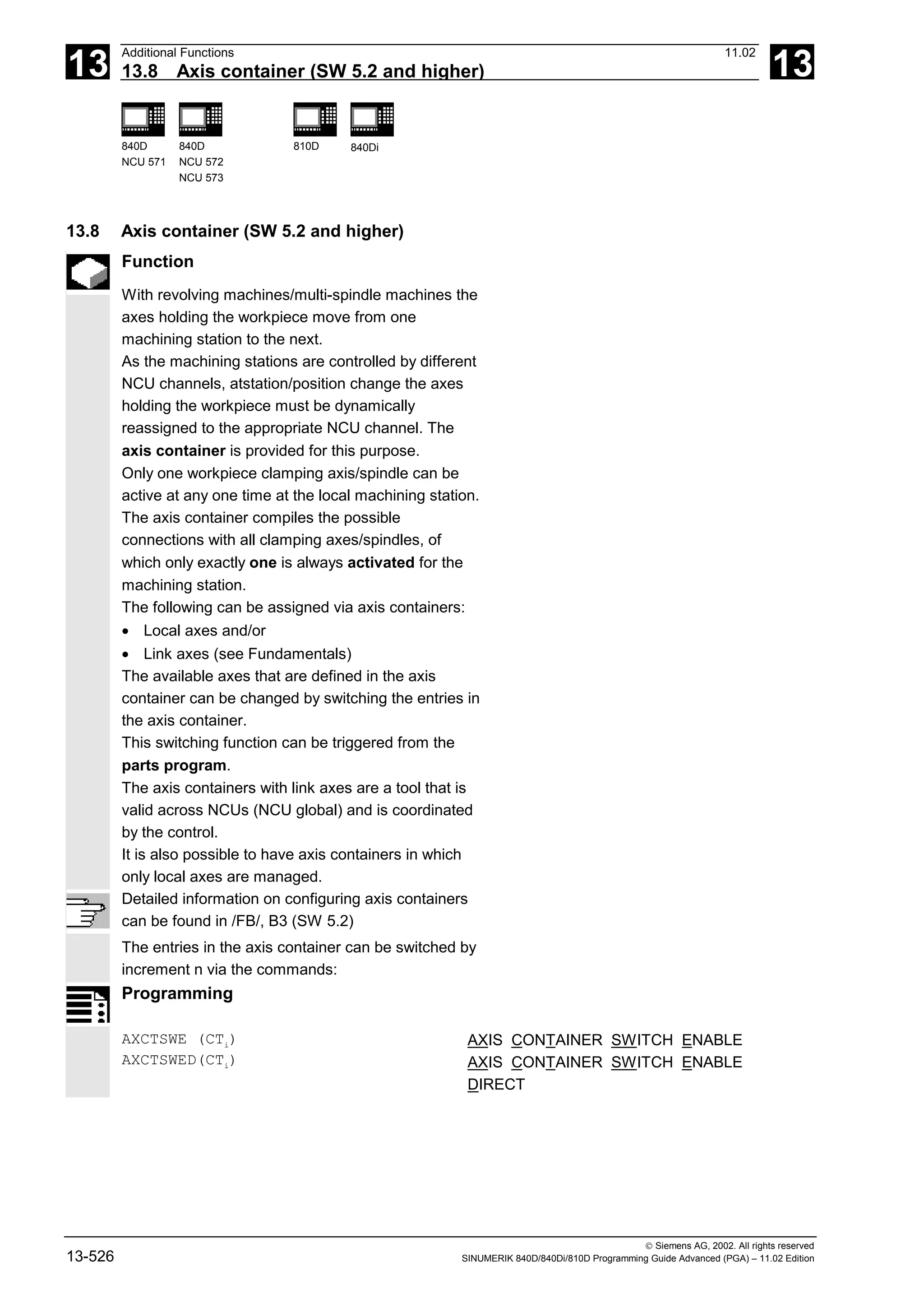 13
Additional Functions 11.02
13.8 Axis container (SW 5.2 and higher) 13
840D
NCU 571
840D
NCU 572
NCU 573
810D 840Di
 Siemens AG, 2002. All rights reserved
13-526 SINUMERIK 840D/840Di/810D Programming Guide Advanced (PGA) – 11.02 Edition
13.8 Axis container (SW 5.2 and higher)
Function
With revolving machines/multi-spindle machines the
axes holding the workpiece move from one
machining station to the next.
As the machining stations are controlled by different
NCU channels, atstation/position change the axes
holding the workpiece must be dynamically
reassigned to the appropriate NCU channel. The
axis container is provided for this purpose.
Only one workpiece clamping axis/spindle can be
active at any one time at the local machining station.
The axis container compiles the possible
connections with all clamping axes/spindles, of
which only exactly one is always activated for the
machining station.
The following can be assigned via axis containers:
• Local axes and/or
• Link axes (see Fundamentals)
The available axes that are defined in the axis
container can be changed by switching the entries in
the axis container.
This switching function can be triggered from the
parts program.
The axis containers with link axes are a tool that is
valid across NCUs (NCU global) and is coordinated
by the control.
It is also possible to have axis containers in which
only local axes are managed.
Detailed information on configuring axis containers
can be found in /FB/, B3 (SW 5.2)
The entries in the axis container can be switched by
increment n via the commands:
Programming
AXCTSWE (CTi
)
AXCTSWED(CTi
)
AXIS CONTAINER SWITCH ENABLE
AXIS CONTAINER SWITCH ENABLE
DIRECT
 