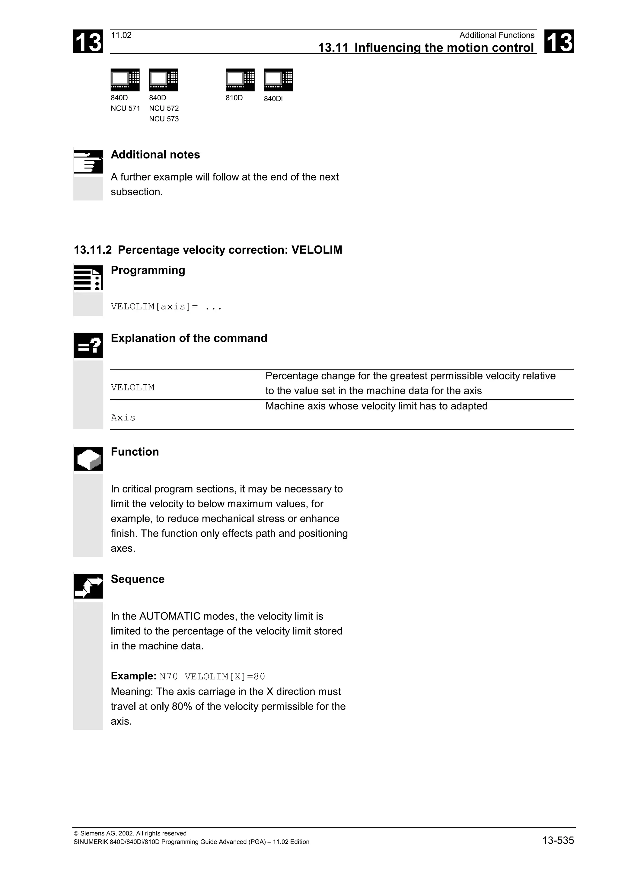 13
11.02 Additional Functions
13.11 Influencing the motion control 13
840D
NCU 571
840D
NCU 572
NCU 573
810D 840Di
 Siemens AG, 2002. All rights reserved
SINUMERIK 840D/840Di/810D Programming Guide Advanced (PGA) – 11.02 Edition 13-535
Additional notes
A further example will follow at the end of the next
subsection.
13.11.2 Percentage velocity correction: VELOLIM
Programming
VELOLIM[axis]= ...
Explanation of the command
VELOLIM
Percentage change for the greatest permissible velocity relative
to the value set in the machine data for the axis
Axis
Machine axis whose velocity limit has to adapted
Function
In critical program sections, it may be necessary to
limit the velocity to below maximum values, for
example, to reduce mechanical stress or enhance
finish. The function only effects path and positioning
axes.
Sequence
In the AUTOMATIC modes, the velocity limit is
limited to the percentage of the velocity limit stored
in the machine data.
Example: N70 VELOLIM[X]=80
Meaning: The axis carriage in the X direction must
travel at only 80% of the velocity permissible for the
axis.
 