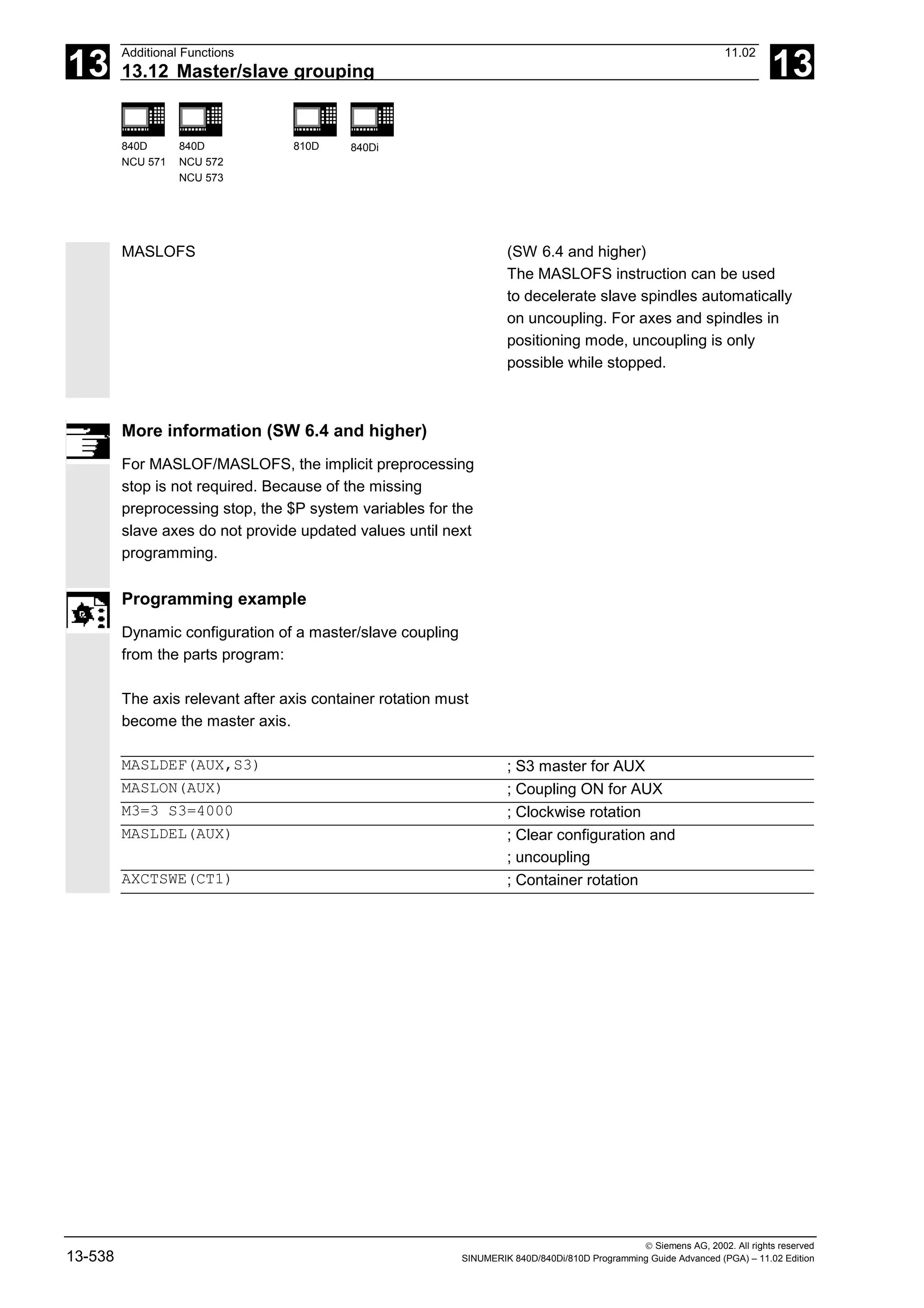 13
Additional Functions 11.02
13.12 Master/slave grouping 13
840D
NCU 571
840D
NCU 572
NCU 573
810D 840Di
 Siemens AG, 2002. All rights reserved
13-538 SINUMERIK 840D/840Di/810D Programming Guide Advanced (PGA) – 11.02 Edition
MASLOFS (SW 6.4 and higher)
The MASLOFS instruction can be used
to decelerate slave spindles automatically
on uncoupling. For axes and spindles in
positioning mode, uncoupling is only
possible while stopped.
More information (SW 6.4 and higher)
For MASLOF/MASLOFS, the implicit preprocessing
stop is not required. Because of the missing
preprocessing stop, the $P system variables for the
slave axes do not provide updated values until next
programming.
Programming example
Dynamic configuration of a master/slave coupling
from the parts program:
The axis relevant after axis container rotation must
become the master axis.
MASLDEF(AUX,S3) ; S3 master for AUX
MASLON(AUX) ; Coupling ON for AUX
M3=3 S3=4000 ; Clockwise rotation
MASLDEL(AUX) ; Clear configuration and
; uncoupling
AXCTSWE(CT1) ; Container rotation
 