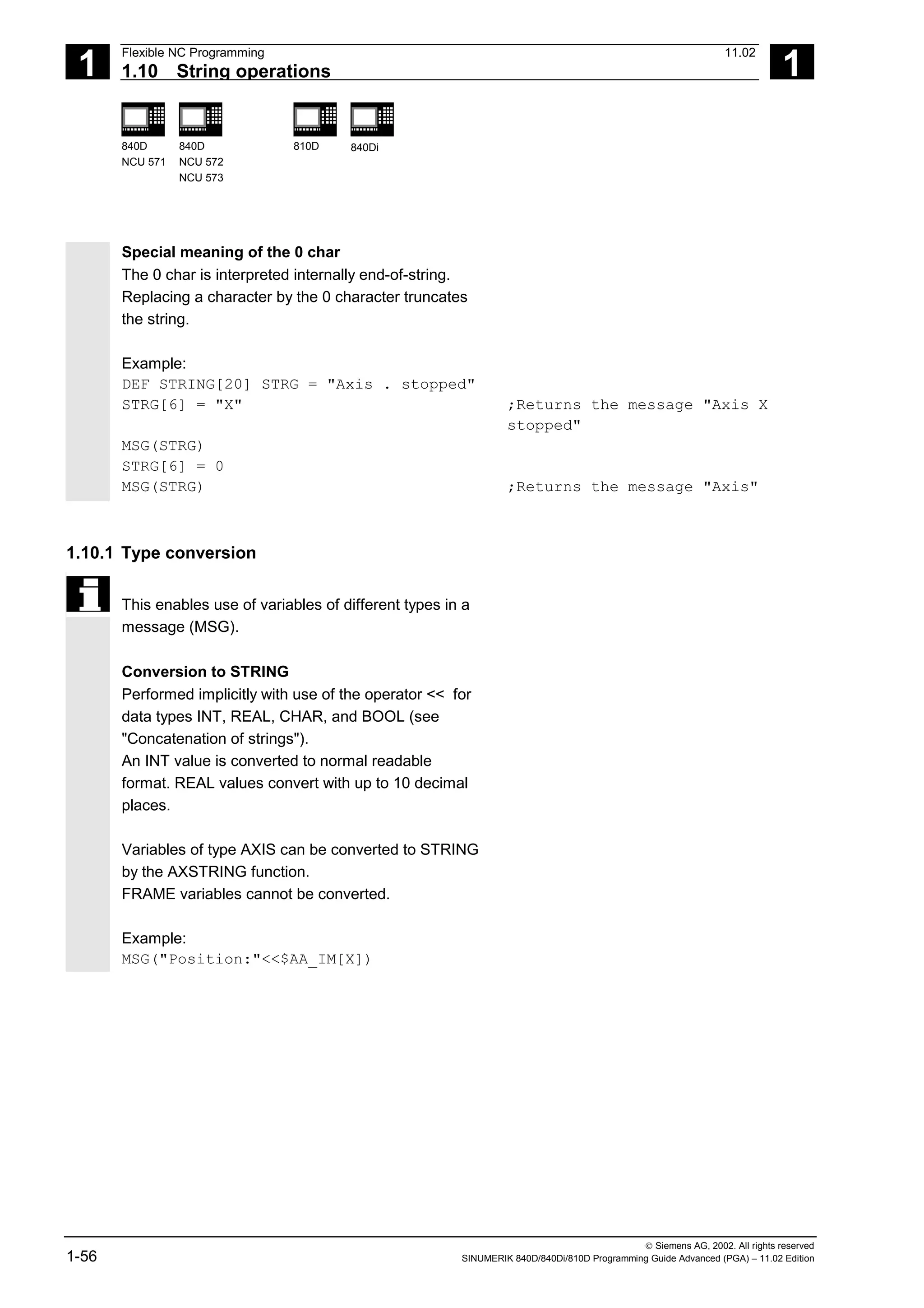 1
Flexible NC Programming 11.02
1.10 String operations 1
840D
NCU 571
840D
NCU 572
NCU 573
810D 840Di
 Siemens AG, 2002. All rights reserved
1-56 SINUMERIK 840D/840Di/810D Programming Guide Advanced (PGA) – 11.02 Edition
Special meaning of the 0 char
The 0 char is interpreted internally end-of-string.
Replacing a character by the 0 character truncates
the string.
Example:
DEF STRING[20] STRG = "Axis . stopped"
STRG[6] = "X" ;Returns the message "Axis X
stopped"
MSG(STRG)
STRG[6] = 0
MSG(STRG) ;Returns the message "Axis"
1.10.1 Type conversion
This enables use of variables of different types in a
message (MSG).
Conversion to STRING
Performed implicitly with use of the operator << for
data types INT, REAL, CHAR, and BOOL (see
"Concatenation of strings").
An INT value is converted to normal readable
format. REAL values convert with up to 10 decimal
places.
Variables of type AXIS can be converted to STRING
by the AXSTRING function.
FRAME variables cannot be converted.
Example:
MSG("Position:"<<$AA_IM[X])
 
