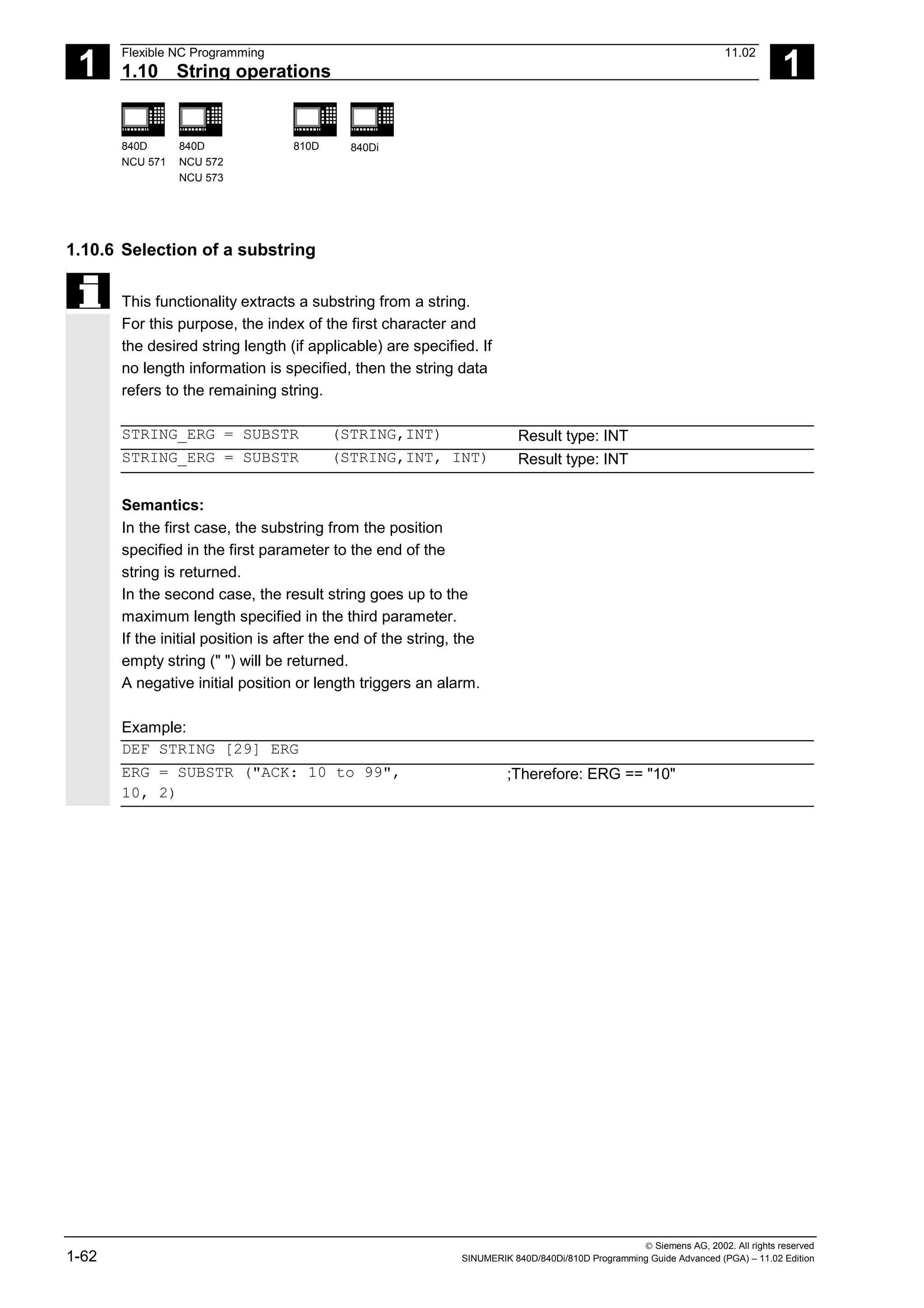 1
Flexible NC Programming 11.02
1.10 String operations 1
840D
NCU 571
840D
NCU 572
NCU 573
810D 840Di
 Siemens AG, 2002. All rights reserved
1-62 SINUMERIK 840D/840Di/810D Programming Guide Advanced (PGA) – 11.02 Edition
1.10.6 Selection of a substring
This functionality extracts a substring from a string.
For this purpose, the index of the first character and
the desired string length (if applicable) are specified. If
no length information is specified, then the string data
refers to the remaining string.
STRING_ERG = SUBSTR (STRING,INT) Result type: INT
STRING_ERG = SUBSTR (STRING,INT, INT) Result type: INT
Semantics:
In the first case, the substring from the position
specified in the first parameter to the end of the
string is returned.
In the second case, the result string goes up to the
maximum length specified in the third parameter.
If the initial position is after the end of the string, the
empty string (" ") will be returned.
A negative initial position or length triggers an alarm.
Example:
DEF STRING [29] ERG
ERG = SUBSTR ("ACK: 10 to 99",
10, 2)
;Therefore: ERG == "10"
 