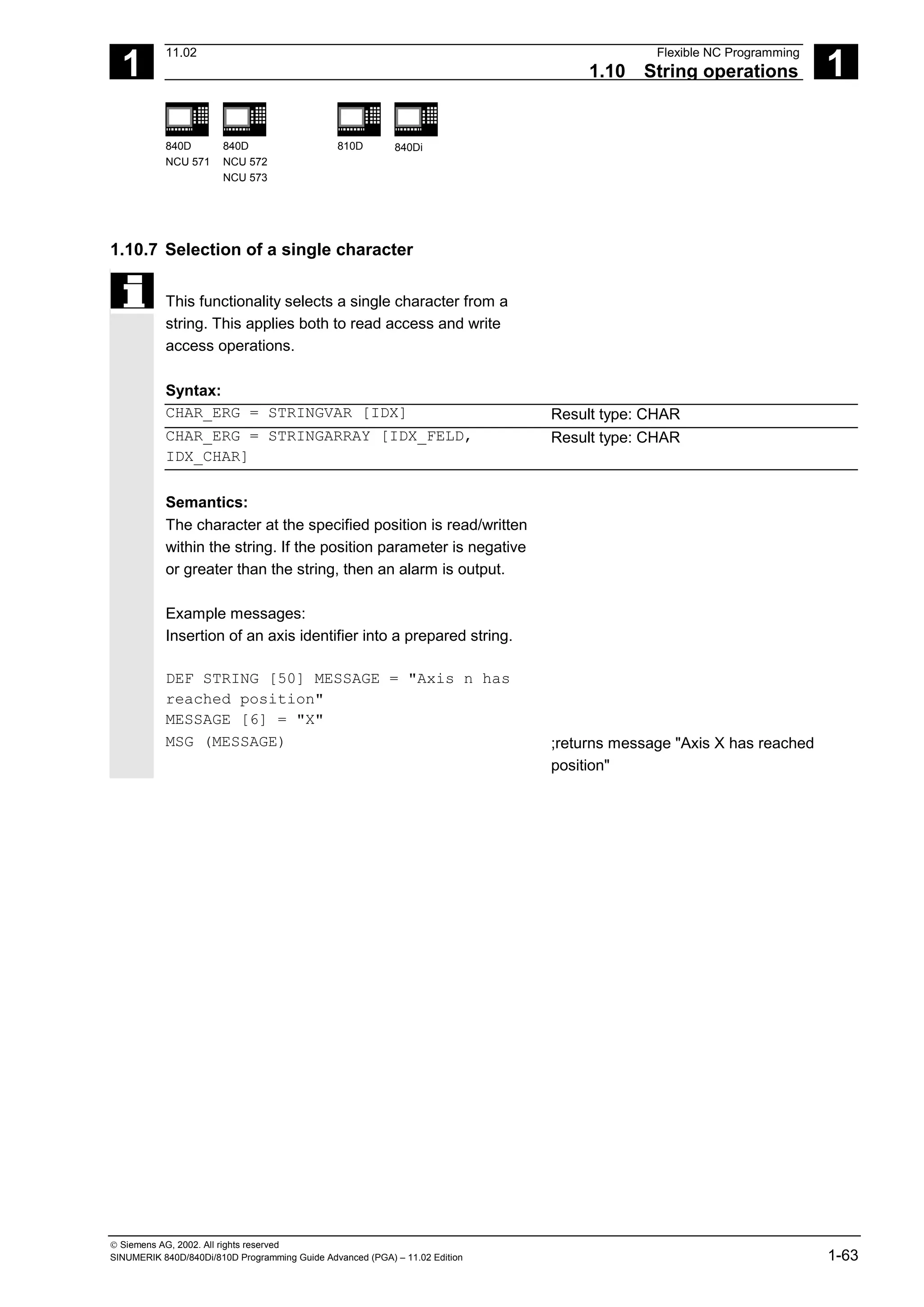 1
11.02 Flexible NC Programming
1.10 String operations 1
840D
NCU 571
840D
NCU 572
NCU 573
810D 840Di
 Siemens AG, 2002. All rights reserved
SINUMERIK 840D/840Di/810D Programming Guide Advanced (PGA) – 11.02 Edition 1-63
1.10.7 Selection of a single character
This functionality selects a single character from a
string. This applies both to read access and write
access operations.
Syntax:
CHAR_ERG = STRINGVAR [IDX] Result type: CHAR
CHAR_ERG = STRINGARRAY [IDX_FELD,
IDX_CHAR]
Result type: CHAR
Semantics:
The character at the specified position is read/written
within the string. If the position parameter is negative
or greater than the string, then an alarm is output.
Example messages:
Insertion of an axis identifier into a prepared string.
DEF STRING [50] MESSAGE = "Axis n has
reached position"
MESSAGE [6] = "X"
MSG (MESSAGE) ;returns message "Axis X has reached
position"
 