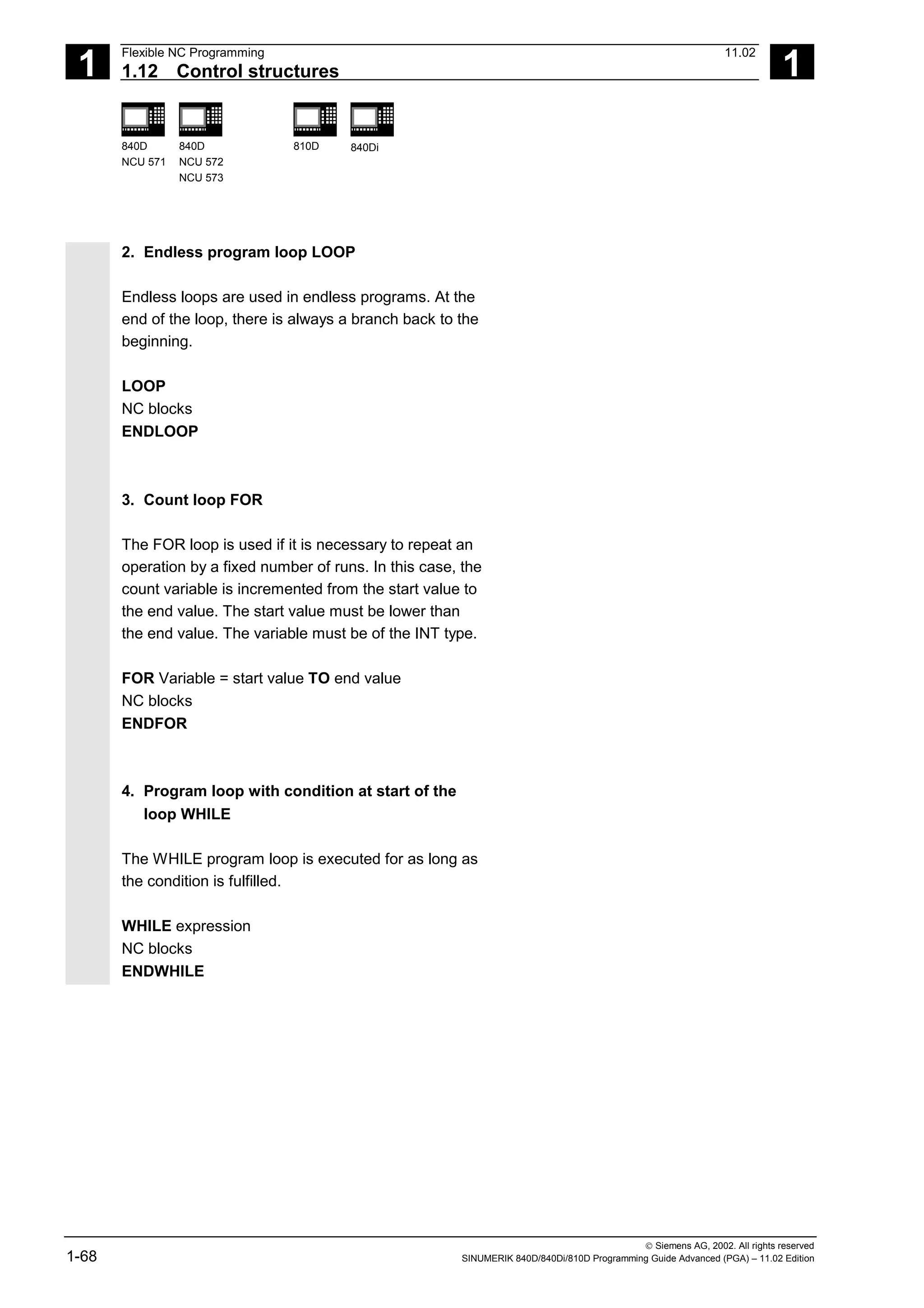 1
Flexible NC Programming 11.02
1.12 Control structures 1
840D
NCU 571
840D
NCU 572
NCU 573
810D 840Di
 Siemens AG, 2002. All rights reserved
1-68 SINUMERIK 840D/840Di/810D Programming Guide Advanced (PGA) – 11.02 Edition
2. Endless program loop LOOP
Endless loops are used in endless programs. At the
end of the loop, there is always a branch back to the
beginning.
LOOP
NC blocks
ENDLOOP
3. Count loop FOR
The FOR loop is used if it is necessary to repeat an
operation by a fixed number of runs. In this case, the
count variable is incremented from the start value to
the end value. The start value must be lower than
the end value. The variable must be of the INT type.
FOR Variable = start value TO end value
NC blocks
ENDFOR
4. Program loop with condition at start of the
loop WHILE
The WHILE program loop is executed for as long as
the condition is fulfilled.
WHILE expression
NC blocks
ENDWHILE
 