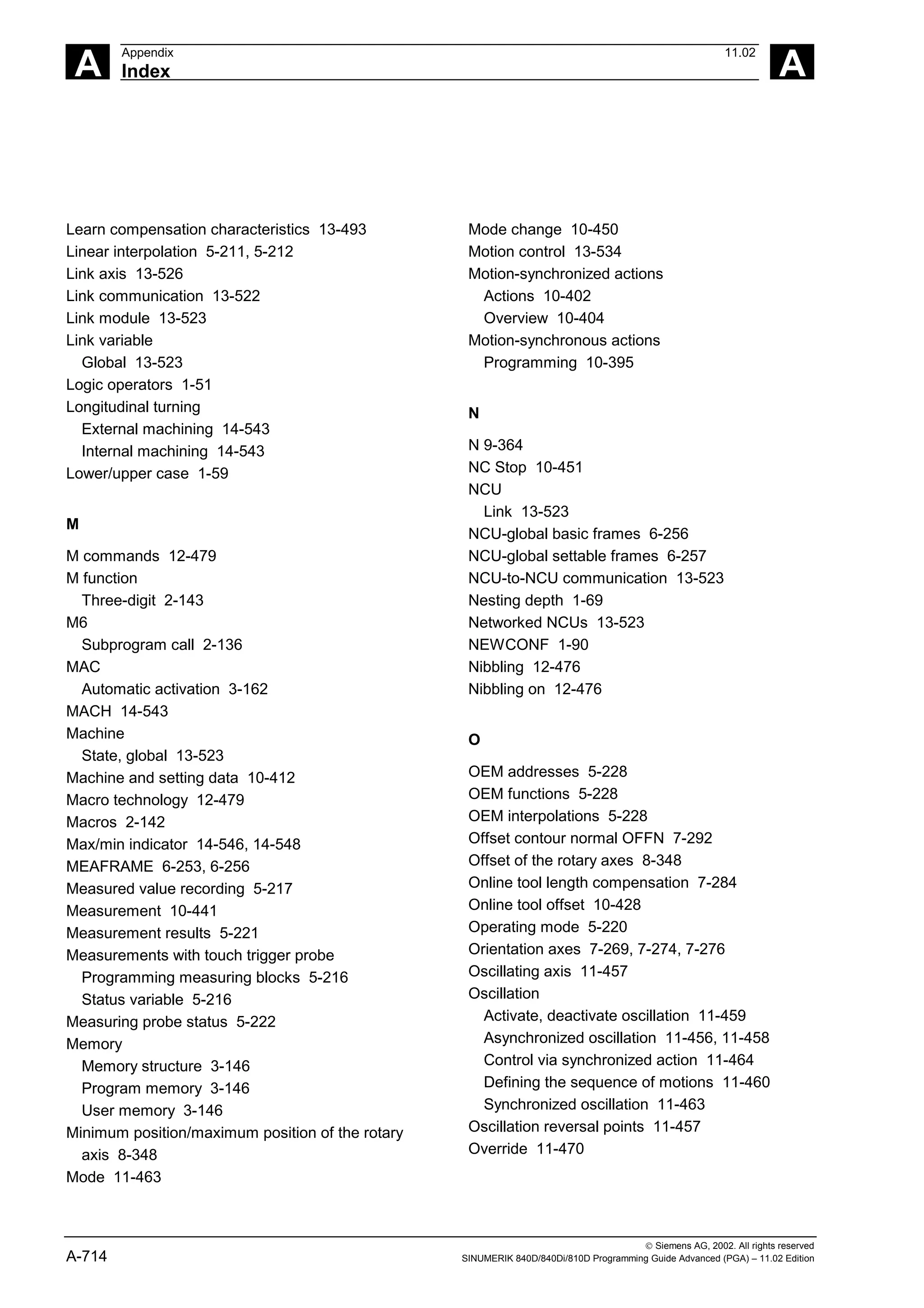 A
Appendix 11.02
Index A
 Siemens AG, 2002. All rights reserved
A-714 SINUMERIK 840D/840Di/810D Programming Guide Advanced (PGA) – 11.02 Edition
Learn compensation characteristics 13-493
Linear interpolation 5-211, 5-212
Link axis 13-526
Link communication 13-522
Link module 13-523
Link variable
Global 13-523
Logic operators 1-51
Longitudinal turning
External machining 14-543
Internal machining 14-543
Lower/upper case 1-59
M
M commands 12-479
M function
Three-digit 2-143
M6
Subprogram call 2-136
MAC
Automatic activation 3-162
MACH 14-543
Machine
State, global 13-523
Machine and setting data 10-412
Macro technology 12-479
Macros 2-142
Max/min indicator 14-546, 14-548
MEAFRAME 6-253, 6-256
Measured value recording 5-217
Measurement 10-441
Measurement results 5-221
Measurements with touch trigger probe
Programming measuring blocks 5-216
Status variable 5-216
Measuring probe status 5-222
Memory
Memory structure 3-146
Program memory 3-146
User memory 3-146
Minimum position/maximum position of the rotary
axis 8-348
Mode 11-463
Mode change 10-450
Motion control 13-534
Motion-synchronized actions
Actions 10-402
Overview 10-404
Motion-synchronous actions
Programming 10-395
N
N 9-364
NC Stop 10-451
NCU
Link 13-523
NCU-global basic frames 6-256
NCU-global settable frames 6-257
NCU-to-NCU communication 13-523
Nesting depth 1-69
Networked NCUs 13-523
NEWCONF 1-90
Nibbling 12-476
Nibbling on 12-476
O
OEM addresses 5-228
OEM functions 5-228
OEM interpolations 5-228
Offset contour normal OFFN 7-292
Offset of the rotary axes 8-348
Online tool length compensation 7-284
Online tool offset 10-428
Operating mode 5-220
Orientation axes 7-269, 7-274, 7-276
Oscillating axis 11-457
Oscillation
Activate, deactivate oscillation 11-459
Asynchronized oscillation 11-456, 11-458
Control via synchronized action 11-464
Defining the sequence of motions 11-460
Synchronized oscillation 11-463
Oscillation reversal points 11-457
Override 11-470
 