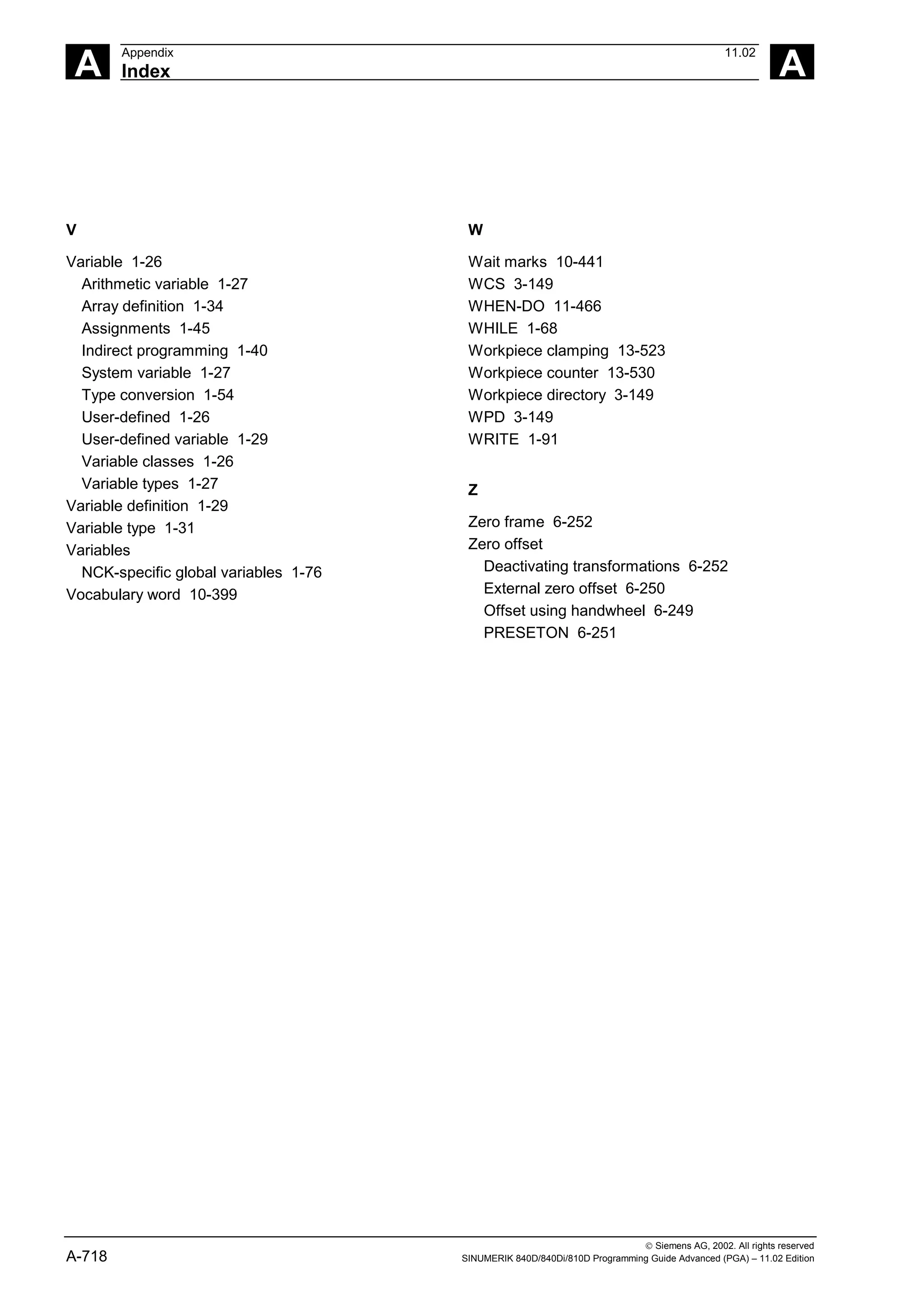 A
Appendix 11.02
Index A
 Siemens AG, 2002. All rights reserved
A-718 SINUMERIK 840D/840Di/810D Programming Guide Advanced (PGA) – 11.02 Edition
V
Variable 1-26
Arithmetic variable 1-27
Array definition 1-34
Assignments 1-45
Indirect programming 1-40
System variable 1-27
Type conversion 1-54
User-defined 1-26
User-defined variable 1-29
Variable classes 1-26
Variable types 1-27
Variable definition 1-29
Variable type 1-31
Variables
NCK-specific global variables 1-76
Vocabulary word 10-399
W
Wait marks 10-441
WCS 3-149
WHEN-DO 11-466
WHILE 1-68
Workpiece clamping 13-523
Workpiece counter 13-530
Workpiece directory 3-149
WPD 3-149
WRITE 1-91
Z
Zero frame 6-252
Zero offset
Deactivating transformations 6-252
External zero offset 6-250
Offset using handwheel 6-249
PRESETON 6-251
 