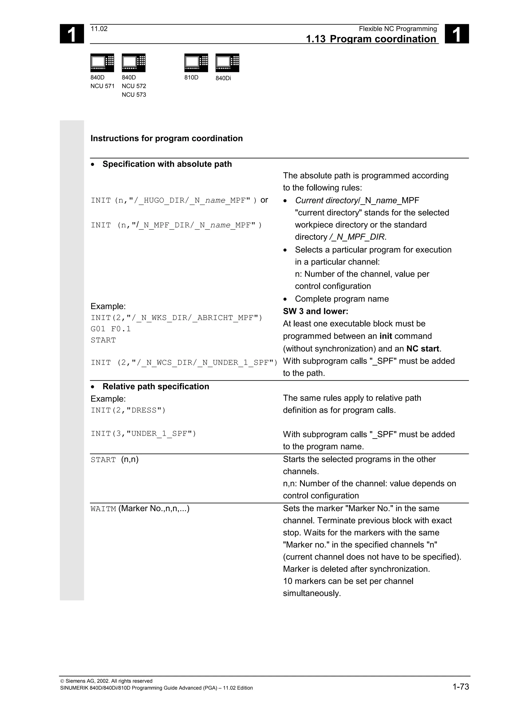 1
11.02 Flexible NC Programming
1.13 Program coordination 1
840D
NCU 571
840D
NCU 572
NCU 573
810D 840Di
 Siemens AG, 2002. All rights reserved
SINUMERIK 840D/840Di/810D Programming Guide Advanced (PGA) – 11.02 Edition 1-73
Instructions for program coordination
• Specification with absolute path
INIT (n,"/_HUGO_DIR/_N_name_MPF" ) or
INIT (n,"/_N_MPF_DIR/_N_name_MPF" )
Example:
INIT(2,"/_N_WKS_DIR/_ABRICHT_MPF")
G01 F0.1
START
INIT (2,"/_N_WCS_DIR/_N_UNDER_1_SPF")
The absolute path is programmed according
to the following rules:
• Current directory/_N_name_MPF
"current directory" stands for the selected
workpiece directory or the standard
directory /_N_MPF_DIR.
• Selects a particular program for execution
in a particular channel:
n: Number of the channel, value per
control configuration
• Complete program name
SW 3 and lower:
At least one executable block must be
programmed between an init command
(without synchronization) and an NC start.
With subprogram calls "_SPF" must be added
to the path.
• Relative path specification
Example:
INIT(2,"DRESS")
INIT(3,"UNDER_1_SPF")
The same rules apply to relative path
definition as for program calls.
With subprogram calls "_SPF" must be added
to the program name.
START (n,n) Starts the selected programs in the other
channels.
n,n: Number of the channel: value depends on
control configuration
WAITM (Marker No.,n,n,...) Sets the marker "Marker No." in the same
channel. Terminate previous block with exact
stop. Waits for the markers with the same
"Marker no." in the specified channels "n"
(current channel does not have to be specified).
Marker is deleted after synchronization.
10 markers can be set per channel
simultaneously.
 