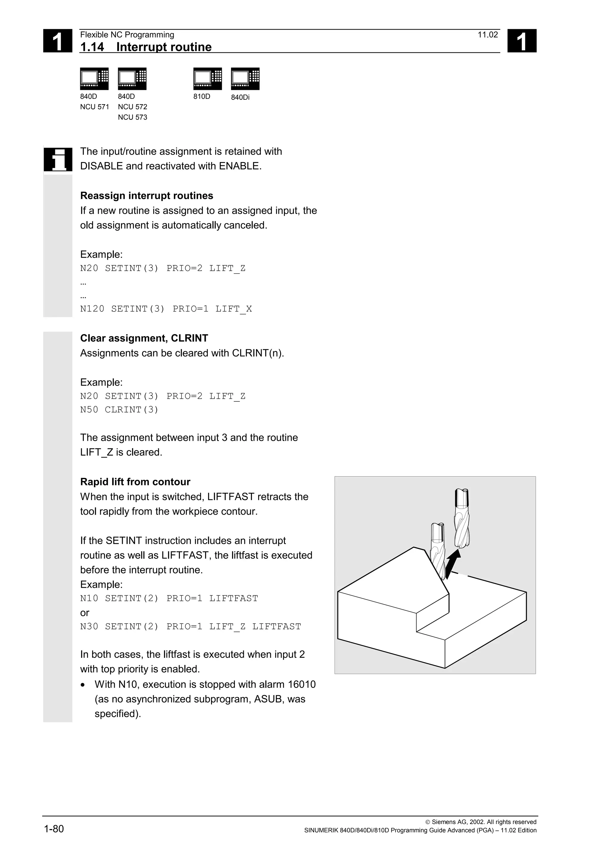 1
Flexible NC Programming 11.02
1.14 Interrupt routine 1
840D
NCU 571
840D
NCU 572
NCU 573
810D 840Di
 Siemens AG, 2002. All rights reserved
1-80 SINUMERIK 840D/840Di/810D Programming Guide Advanced (PGA) – 11.02 Edition
The input/routine assignment is retained with
DISABLE and reactivated with ENABLE.
Reassign interrupt routines
If a new routine is assigned to an assigned input, the
old assignment is automatically canceled.
Example:
N20 SETINT(3) PRIO=2 LIFT_Z
…
…
N120 SETINT(3) PRIO=1 LIFT_X
Clear assignment, CLRINT
Assignments can be cleared with CLRINT(n).
Example:
N20 SETINT(3) PRIO=2 LIFT_Z
N50 CLRINT(3)
The assignment between input 3 and the routine
LIFT_Z is cleared.
Rapid lift from contour
When the input is switched, LIFTFAST retracts the
tool rapidly from the workpiece contour.
If the SETINT instruction includes an interrupt
routine as well as LIFTFAST, the liftfast is executed
before the interrupt routine.
Example:
N10 SETINT(2) PRIO=1 LIFTFAST
or
N30 SETINT(2) PRIO=1 LIFT_Z LIFTFAST
In both cases, the liftfast is executed when input 2
with top priority is enabled.
• With N10, execution is stopped with alarm 16010
(as no asynchronized subprogram, ASUB, was
specified).
 