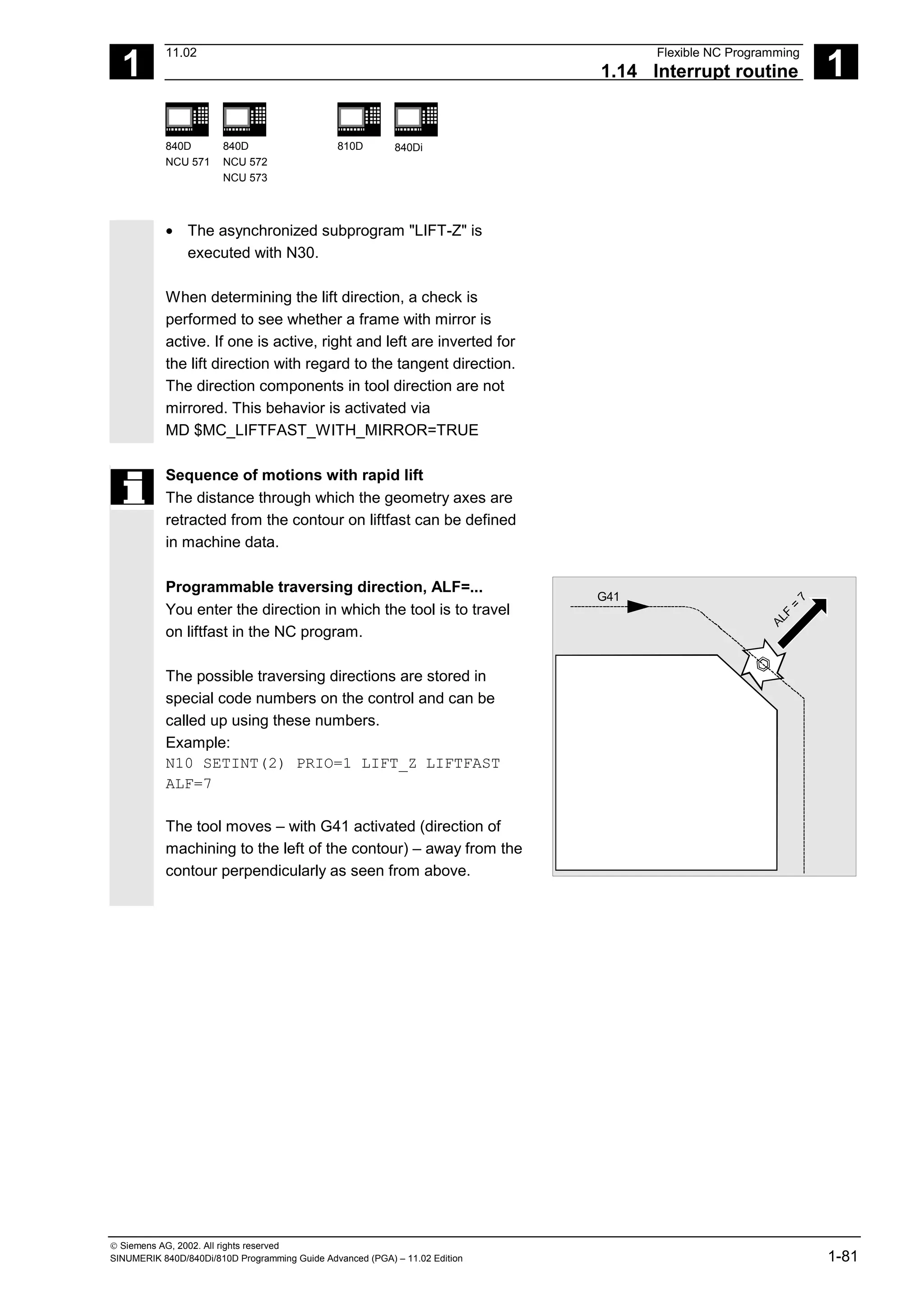 1
11.02 Flexible NC Programming
1.14 Interrupt routine 1
840D
NCU 571
840D
NCU 572
NCU 573
810D 840Di
 Siemens AG, 2002. All rights reserved
SINUMERIK 840D/840Di/810D Programming Guide Advanced (PGA) – 11.02 Edition 1-81
• The asynchronized subprogram "LIFT-Z" is
executed with N30.
When determining the lift direction, a check is
performed to see whether a frame with mirror is
active. If one is active, right and left are inverted for
the lift direction with regard to the tangent direction.
The direction components in tool direction are not
mirrored. This behavior is activated via
MD $MC_LIFTFAST_WITH_MIRROR=TRUE
Sequence of motions with rapid lift
The distance through which the geometry axes are
retracted from the contour on liftfast can be defined
in machine data.
Programmable traversing direction, ALF=...
You enter the direction in which the tool is to travel
on liftfast in the NC program.
The possible traversing directions are stored in
special code numbers on the control and can be
called up using these numbers.
Example:
N10 SETINT(2) PRIO=1 LIFT_Z LIFTFAST
ALF=7
The tool moves – with G41 activated (direction of
machining to the left of the contour) – away from the
contour perpendicularly as seen from above.
G41
 