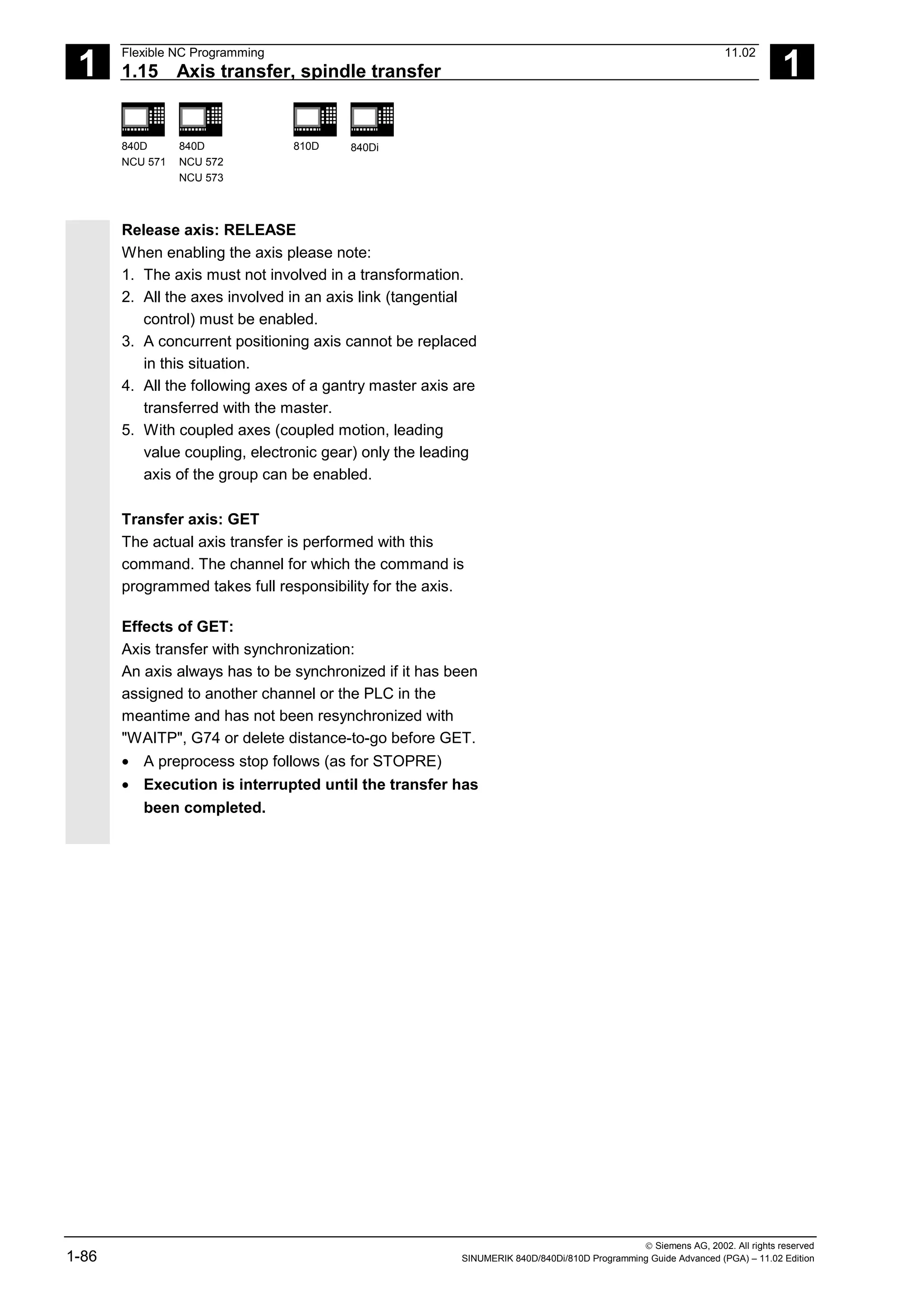 1
Flexible NC Programming 11.02
1.15 Axis transfer, spindle transfer 1
840D
NCU 571
840D
NCU 572
NCU 573
810D 840Di
 Siemens AG, 2002. All rights reserved
1-86 SINUMERIK 840D/840Di/810D Programming Guide Advanced (PGA) – 11.02 Edition
Release axis: RELEASE
When enabling the axis please note:
1. The axis must not involved in a transformation.
2. All the axes involved in an axis link (tangential
control) must be enabled.
3. A concurrent positioning axis cannot be replaced
in this situation.
4. All the following axes of a gantry master axis are
transferred with the master.
5. With coupled axes (coupled motion, leading
value coupling, electronic gear) only the leading
axis of the group can be enabled.
Transfer axis: GET
The actual axis transfer is performed with this
command. The channel for which the command is
programmed takes full responsibility for the axis.
Effects of GET:
Axis transfer with synchronization:
An axis always has to be synchronized if it has been
assigned to another channel or the PLC in the
meantime and has not been resynchronized with
"WAITP", G74 or delete distance-to-go before GET.
• A preprocess stop follows (as for STOPRE)
• Execution is interrupted until the transfer has
been completed.
 