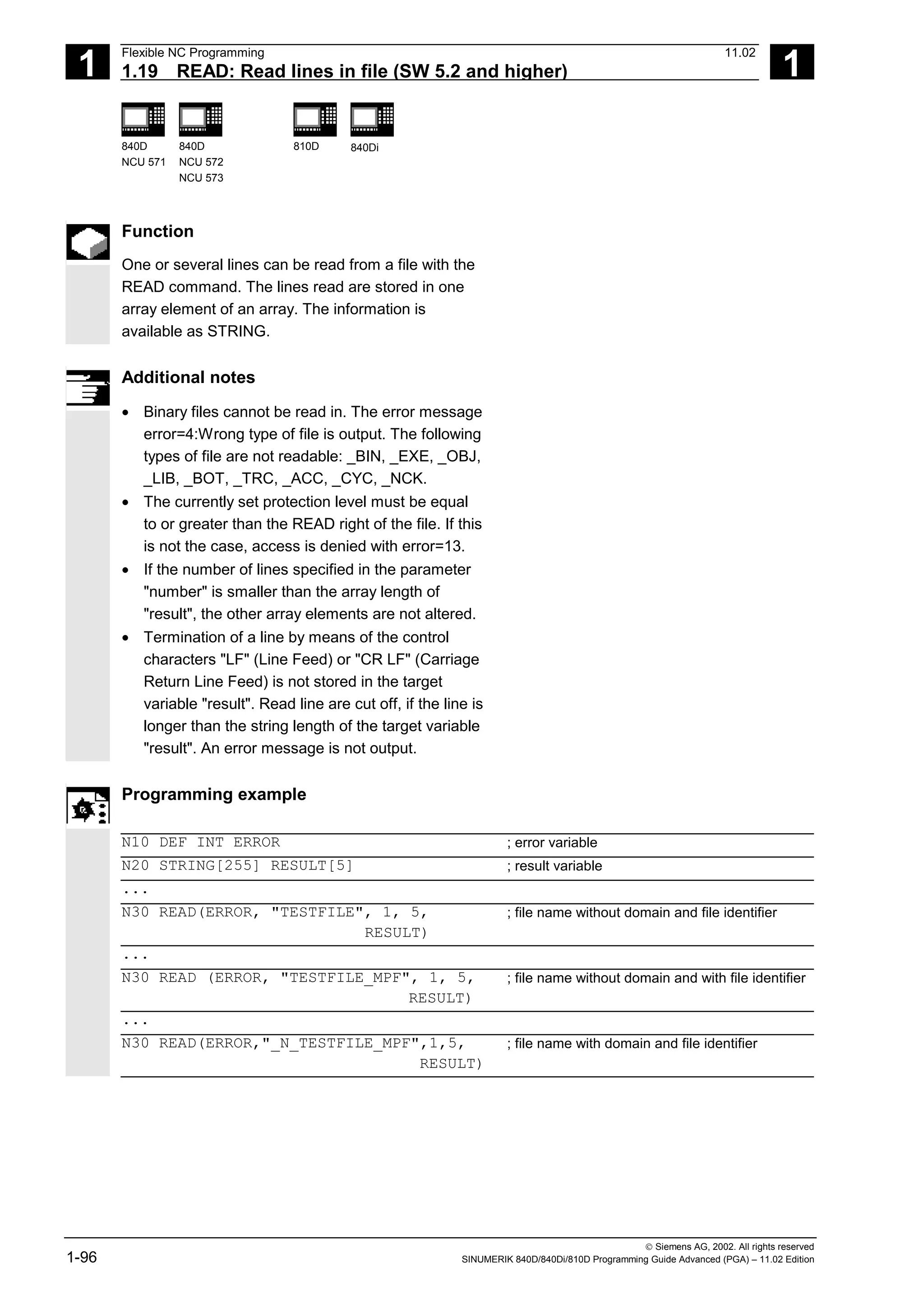 1
Flexible NC Programming 11.02
1.19 READ: Read lines in file (SW 5.2 and higher) 1
840D
NCU 571
840D
NCU 572
NCU 573
810D 840Di
 Siemens AG, 2002. All rights reserved
1-96 SINUMERIK 840D/840Di/810D Programming Guide Advanced (PGA) – 11.02 Edition
Function
One or several lines can be read from a file with the
READ command. The lines read are stored in one
array element of an array. The information is
available as STRING.
Additional notes
• Binary files cannot be read in. The error message
error=4:Wrong type of file is output. The following
types of file are not readable: _BIN, _EXE, _OBJ,
_LIB, _BOT, _TRC, _ACC, _CYC, _NCK.
• The currently set protection level must be equal
to or greater than the READ right of the file. If this
is not the case, access is denied with error=13.
• If the number of lines specified in the parameter
"number" is smaller than the array length of
"result", the other array elements are not altered.
• Termination of a line by means of the control
characters "LF" (Line Feed) or "CR LF" (Carriage
Return Line Feed) is not stored in the target
variable "result". Read line are cut off, if the line is
longer than the string length of the target variable
"result". An error message is not output.
Programming example
N10 DEF INT ERROR ; error variable
N20 STRING[255] RESULT[5] ; result variable
...
N30 READ(ERROR, "TESTFILE", 1, 5,
RESULT)
; file name without domain and file identifier
...
N30 READ (ERROR, "TESTFILE_MPF", 1, 5,
RESULT)
; file name without domain and with file identifier
...
N30 READ(ERROR,"_N_TESTFILE_MPF",1,5,
RESULT)
; file name with domain and file identifier
 