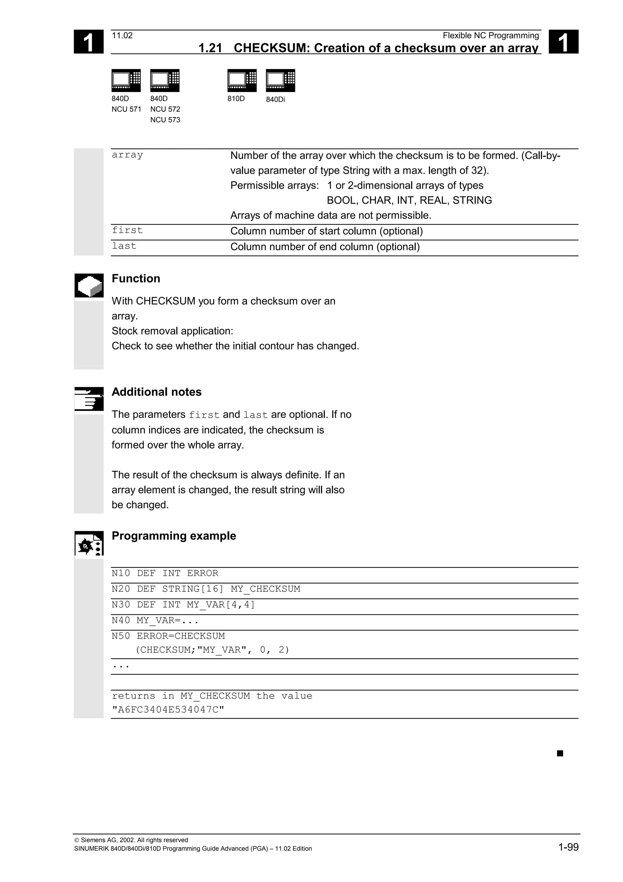 1
11.02 Flexible NC Programming
1.21 CHECKSUM: Creation of a checksum over an array 1
840D
NCU 571
840D
NCU 572
NCU 573
810D 840Di
 Siemens AG, 2002. All rights reserved
SINUMERIK 840D/840Di/810D Programming Guide Advanced (PGA) – 11.02 Edition 1-99
array Number of the array over which the checksum is to be formed. (Call-by-
value parameter of type String with a max. length of 32).
Permissible arrays: 1 or 2-dimensional arrays of types
BOOL, CHAR, INT, REAL, STRING
Arrays of machine data are not permissible.
first Column number of start column (optional)
last Column number of end column (optional)
Function
With CHECKSUM you form a checksum over an
array.
Stock removal application:
Check to see whether the initial contour has changed.
Additional notes
The parameters first and last are optional. If no
column indices are indicated, the checksum is
formed over the whole array.
The result of the checksum is always definite. If an
array element is changed, the result string will also
be changed.
Programming example
N10 DEF INT ERROR
N20 DEF STRING[16] MY_CHECKSUM
N30 DEF INT MY_VAR[4,4]
N40 MY_VAR=...
N50 ERROR=CHECKSUM
(CHECKSUM;"MY_VAR", 0, 2)
...
returns in MY_CHECKSUM the value
"A6FC3404E534047C"
n
 