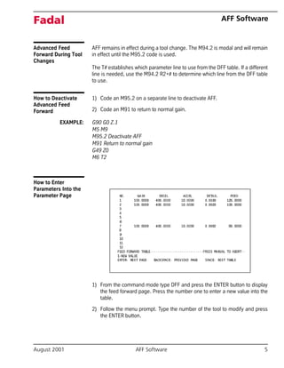 August 2001 AFF Software 5
Fadal AFF Software
Advanced Feed
Forward During Tool
Changes
AFF remains in effect during a tool change. The M94.2 is modal and will remain
in effect until the M95.2 code is used.
The T# establishes which parameter line to use from the DFF table. If a different
line is needed, use the M94.2 R2+# to determine which line from the DFF table
to use.
How to Deactivate
Advanced Feed
Forward
1) Code an M95.2 on a separate line to deactivate AFF.
2) Code an M91 to return to normal gain.
EXAMPLE: G90 G0 Z.1
M5 M9
M95.2 Deactivate AFF
M91 Return to normal gain
G49 Z0
M6 T2
How to Enter
Parameters Into the
Parameter Page
1) From the command mode type DFF and press the ENTER button to display
the feed forward page. Press the number one to enter a new value into the
table.
2) Follow the menu prompt. Type the number of the tool to modify and press
the ENTER button.
 