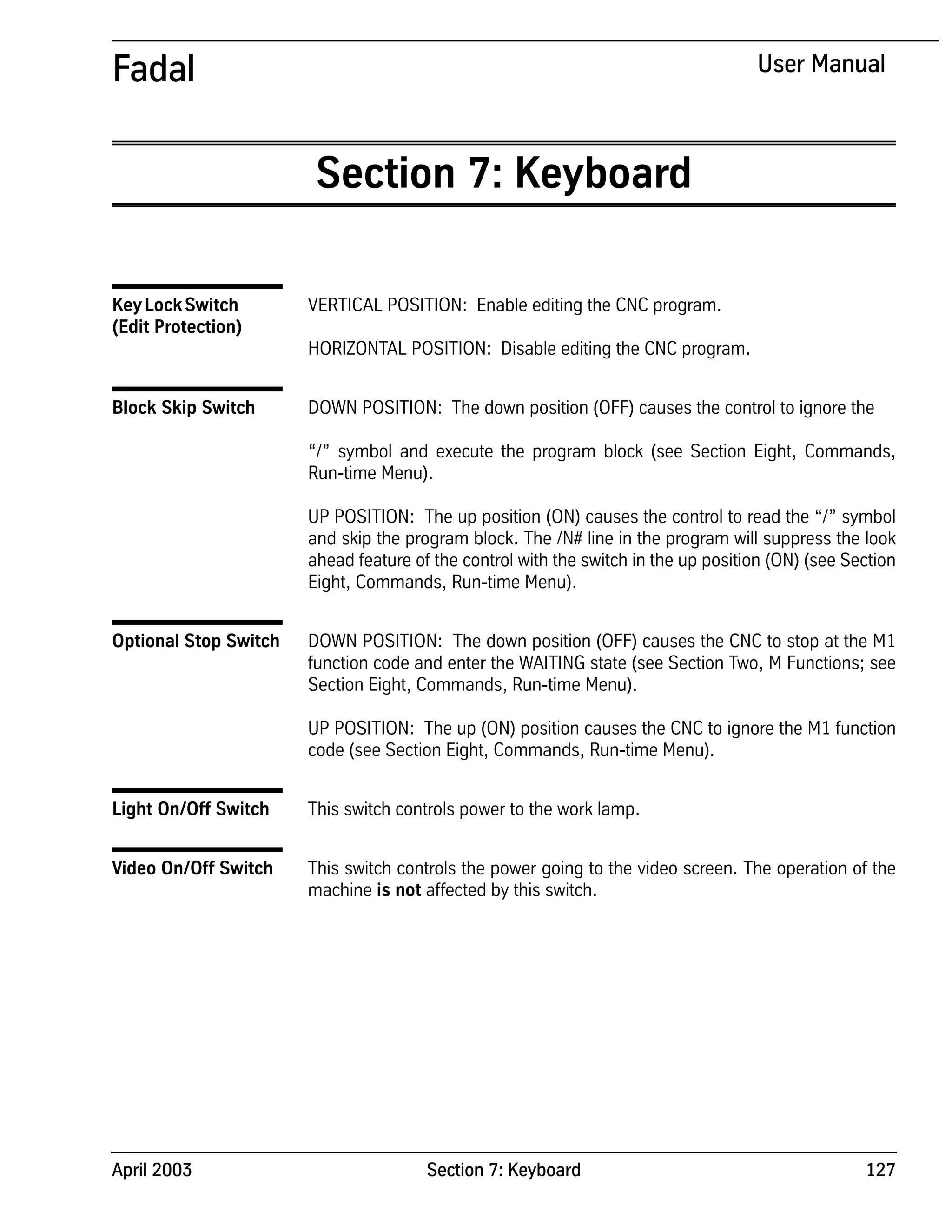 Fadal Keyboard User Manual PDF