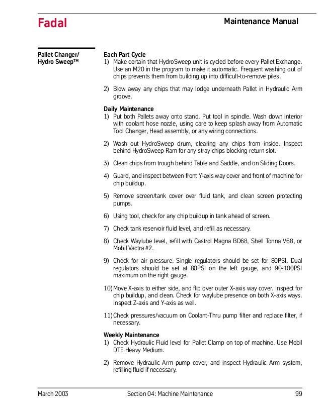 March 2003 Section 04: Machine Maintenance 99
Fadal Maintenance Manual
Pallet Changer/
Hydro Sweep™
Each Part Cycle
1) Make certain that HydroSweep unit is cycled before every Pallet Exchange.
Use an M20 in the program to make it automatic. Frequent washing out of
chips prevents them from building up into difficult-to-remove piles.
2) Blow away any chips that may lodge underneath Pallet in Hydraulic Arm
groove.
Daily Maintenance
1) Put both Pallets away onto stand. Put tool in spindle. Wash down interior
with coolant hose nozzle, using care to keep splash away from Automatic
Tool Changer, Head assembly, or any wiring connections.
2) Wash out HydroSweep drum, clearing any chips from inside. Inspect
behind HydroSweep Ram for any stray chips blocking return slot.
3) Clean chips from trough behind Table and Saddle, and on Sliding Doors.
4) Guard, and inspect between front Y-axis way cover and front of machine for
chip buildup.
5) Remove screen/tank cover over fluid tank, and clean screen protecting
pumps.
6) Using tool, check for any chip buildup in tank ahead of screen.
7) Check tank reservoir fluid level, and refill as necessary.
8) Check Waylube level, refill with Castrol Magna BD68, Shell Tonna V68, or
Mobil Vactra #2.
9) Check for air pressure. Single regulators should be set for 80PSI. Dual
regulators should be set at 80PSI on the left gauge, and 90-100PSI
maximum on the right gauge.
10)Move X-axis to either side, and flip over outer X-axis way cover. Inspect for
chip buildup, and clean. Check for waylube presence on both X-axis ways.
Inspect Z-axis and Y-axis as well.
11)Check pressures/vacuum on Coolant-Thru pump filter and replace filter, if
necessary.
Weekly Maintenance
1) Check Hydraulic Fluid level for Pallet Clamp on top of machine. Use Mobil
DTE Heavy Medium.
2) Remove Hydraulic Arm pump cover, and inspect Hydraulic Arm system,
refilling fluid if necessary.
 
