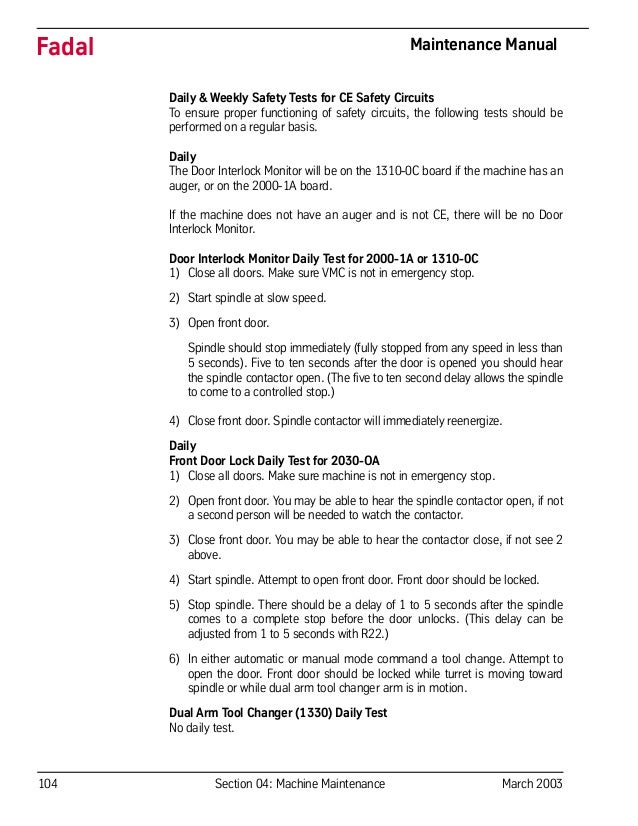 104 Section 04: Machine Maintenance March 2003
Fadal Maintenance Manual
Daily & Weekly Safety Tests for CE Safety Circuits
To ensure proper functioning of safety circuits, the following tests should be
performed on a regular basis.
Daily
The Door Interlock Monitor will be on the 1310-0C board if the machine has an
auger, or on the 2000-1A board.
If the machine does not have an auger and is not CE, there will be no Door
Interlock Monitor.
Door Interlock Monitor Daily Test for 2000-1A or 1310-0C
1) Close all doors. Make sure VMC is not in emergency stop.
2) Start spindle at slow speed.
3) Open front door.
Spindle should stop immediately (fully stopped from any speed in less than
5 seconds). Five to ten seconds after the door is opened you should hear
the spindle contactor open. (The five to ten second delay allows the spindle
to come to a controlled stop.)
4) Close front door. Spindle contactor will immediately reenergize.
Daily
Front Door Lock Daily Test for 2030-OA
1) Close all doors. Make sure machine is not in emergency stop.
2) Open front door. You may be able to hear the spindle contactor open, if not
a second person will be needed to watch the contactor.
3) Close front door. You may be able to hear the contactor close, if not see 2
above.
4) Start spindle. Attempt to open front door. Front door should be locked.
5) Stop spindle. There should be a delay of 1 to 5 seconds after the spindle
comes to a complete stop before the door unlocks. (This delay can be
adjusted from 1 to 5 seconds with R22.)
6) In either automatic or manual mode command a tool change. Attempt to
open the door. Front door should be locked while turret is moving toward
spindle or while dual arm tool changer arm is in motion.
Dual Arm Tool Changer (1330) Daily Test
No daily test.
 