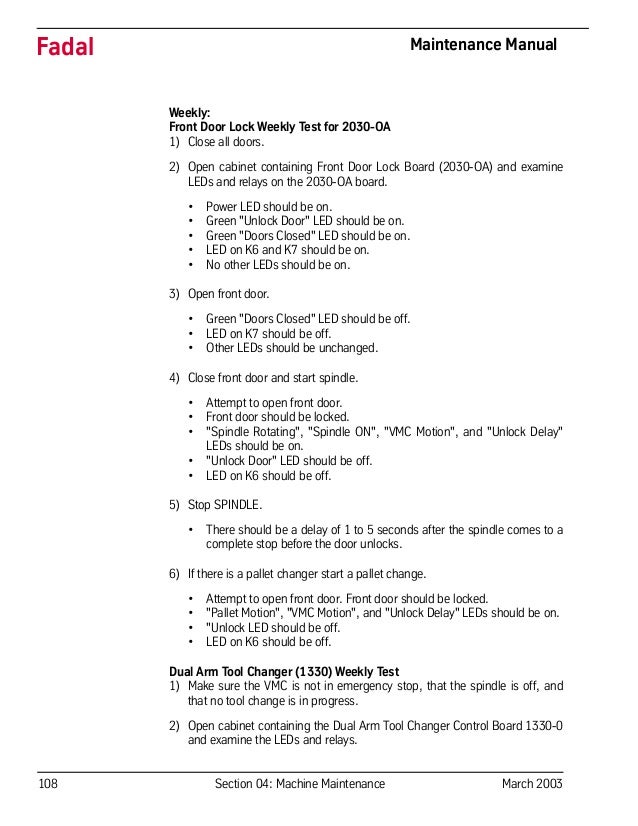 108 Section 04: Machine Maintenance March 2003
Fadal Maintenance Manual
Weekly:
Front Door Lock Weekly Test for 2030-OA
1) Close all doors.
2) Open cabinet containing Front Door Lock Board (2030-OA) and examine
LEDs and relays on the 2030-OA board.
• Power LED should be on.
• Green "Unlock Door" LED should be on.
• Green "Doors Closed" LED should be on.
• LED on K6 and K7 should be on.
• No other LEDs should be on.
3) Open front door.
• Green "Doors Closed" LED should be off.
• LED on K7 should be off.
• Other LEDs should be unchanged.
4) Close front door and start spindle.
• Attempt to open front door.
• Front door should be locked.
• "Spindle Rotating", "Spindle ON", "VMC Motion", and "Unlock Delay"
LEDs should be on.
• "Unlock Door" LED should be off.
• LED on K6 should be off.
5) Stop SPINDLE.
• There should be a delay of 1 to 5 seconds after the spindle comes to a
complete stop before the door unlocks.
6) If there is a pallet changer start a pallet change.
• Attempt to open front door. Front door should be locked.
• "Pallet Motion", "VMC Motion", and "Unlock Delay" LEDs should be on.
• "Unlock LED should be off.
• LED on K6 should be off.
Dual Arm Tool Changer (1330) Weekly Test
1) Make sure the VMC is not in emergency stop, that the spindle is off, and
that no tool change is in progress.
2) Open cabinet containing the Dual Arm Tool Changer Control Board 1330-0
and examine the LEDs and relays.
 